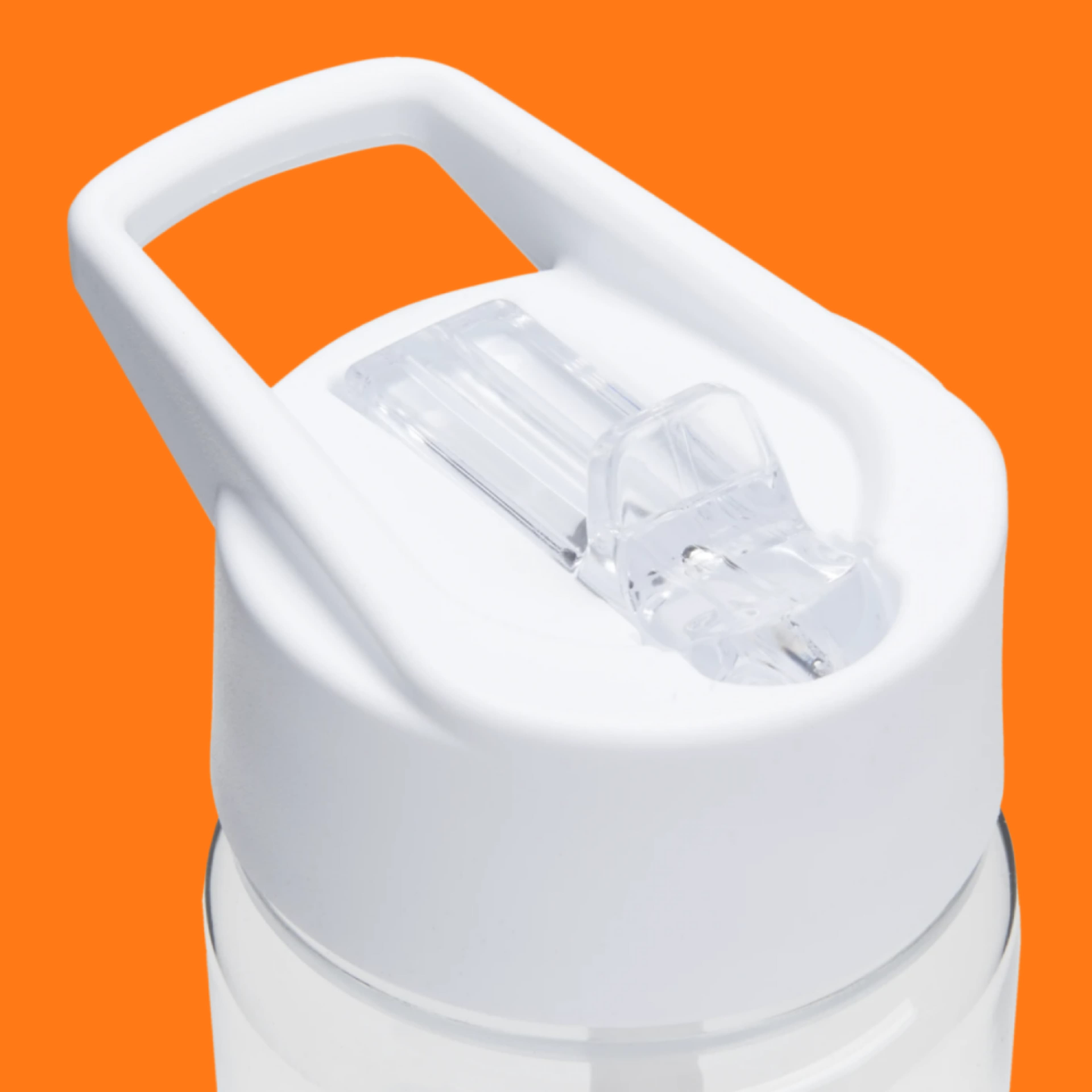 Close-up of a white water bottle lid with a clear flip straw against a bright orange background.