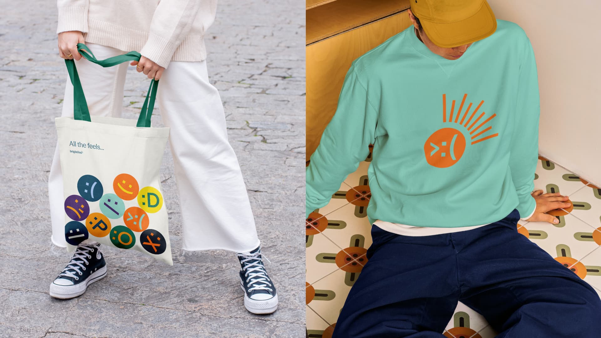 Brightline branded merchandise: a cream tote bag with green handles reading "All the feels..." covered in colorful text-based emoticon circles (including :D, :P, >:(), and a teal sweatshirt featuring a large orange angry emoticon >:( with radiating lines.
