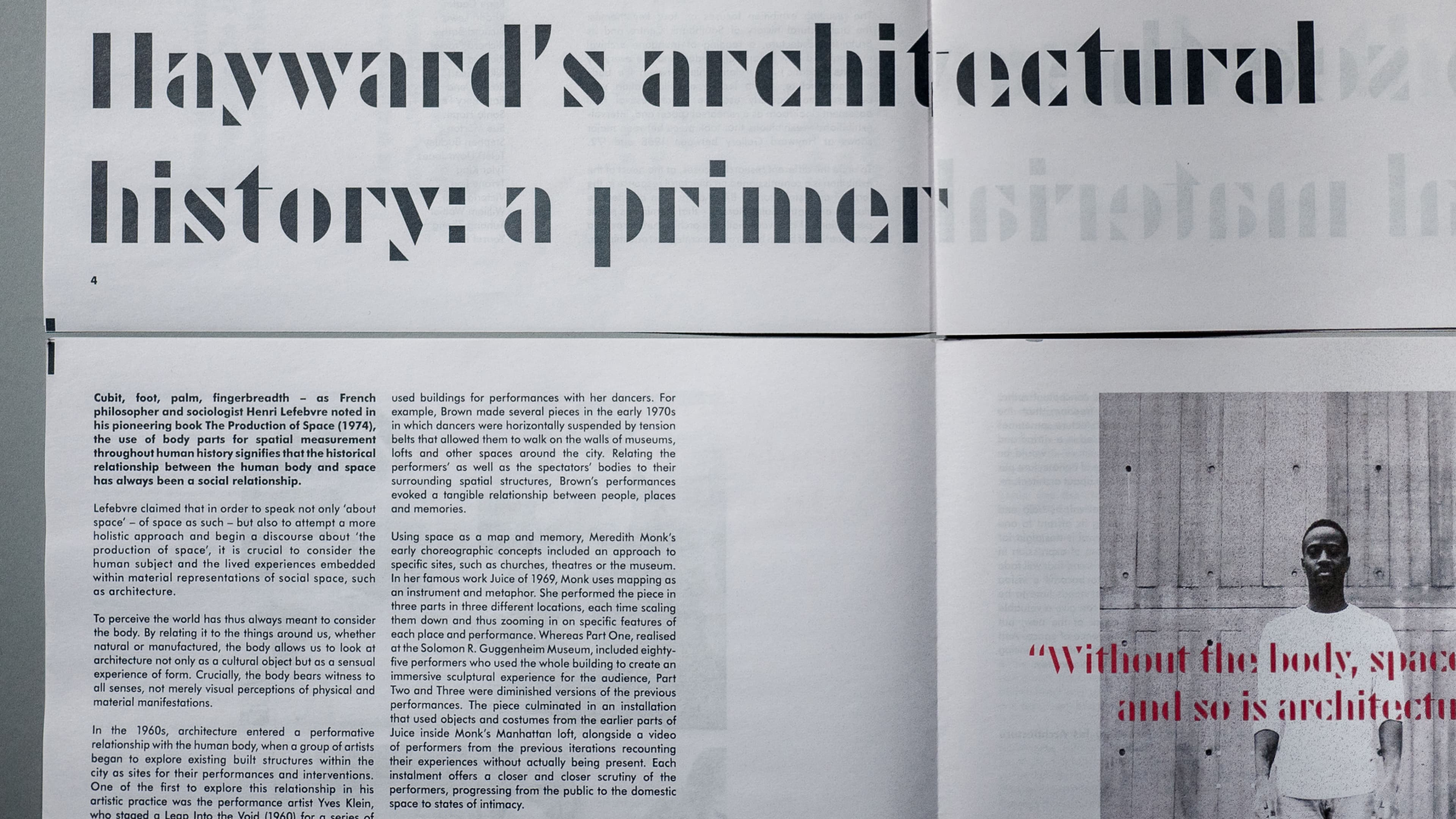 Magazine spread titled "Hayward's architectural history: a primer" with body text referencing Henri Lefebvre, site-specific performance art, and a partial pull quote reading "Without the body, space and so is architecture", alongside a grayscale photo of a standing person.