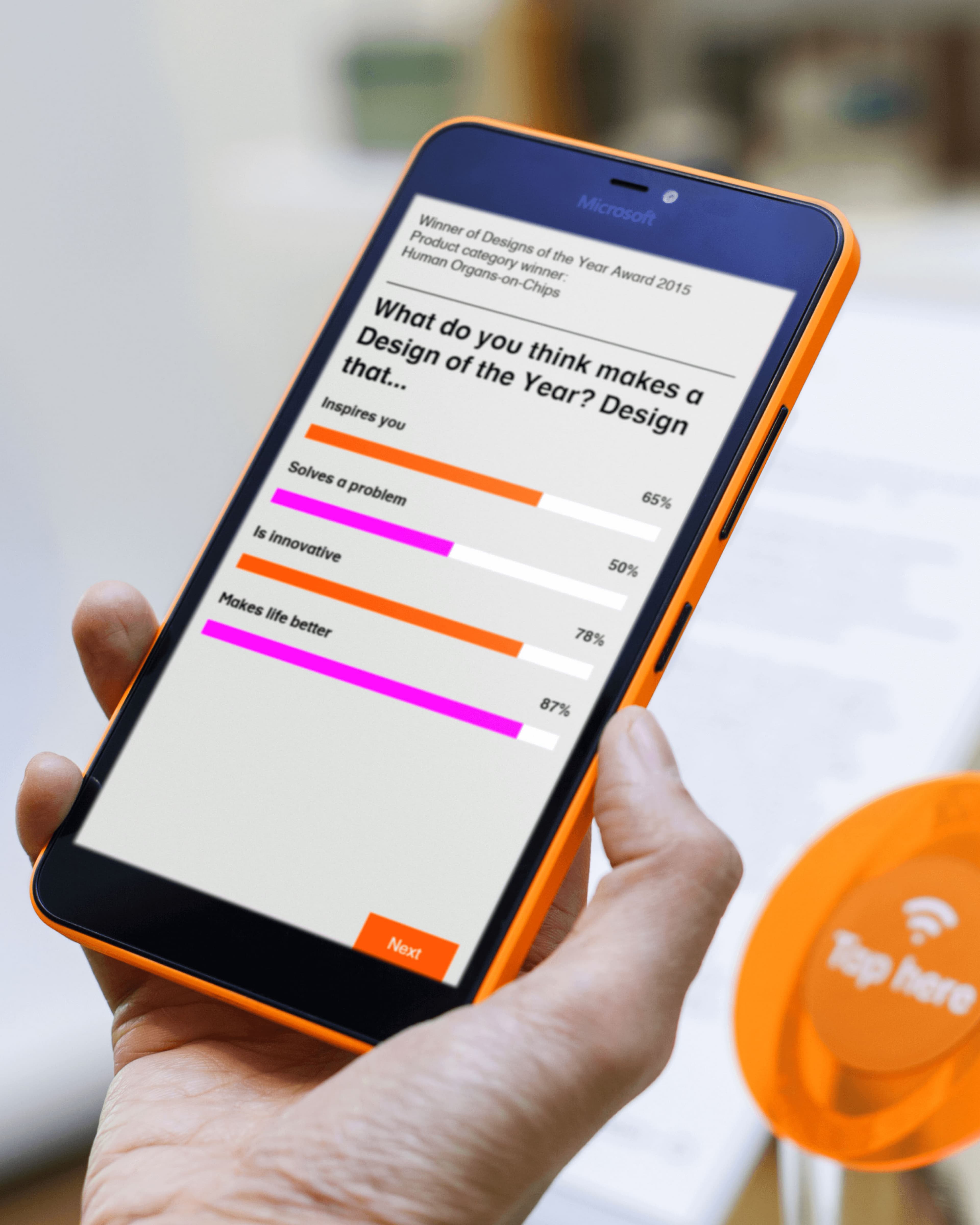 Hand holding an orange Microsoft Lumia phone displaying a 2015 Designs of the Year survey asking "What do you think makes a Design of the Year?" with bar chart results: Inspires you (unlabelled %), Solves a problem 65%, Is innovative 50%, Makes life better 78%, and an additional criterion at 87%. The product category winner shown is Human Organs-on-Chips.