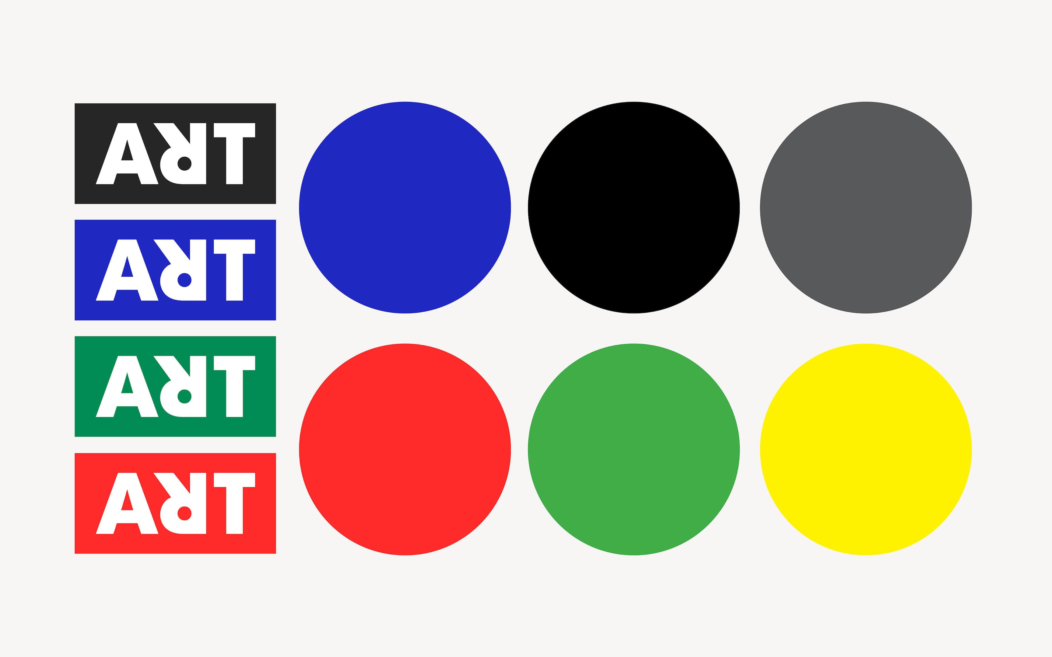Six bold colored circles in blue, black, gray, red, green, and yellow, alongside four stacked ART logo badges with mirrored text on black, blue, green, and red backgrounds.
