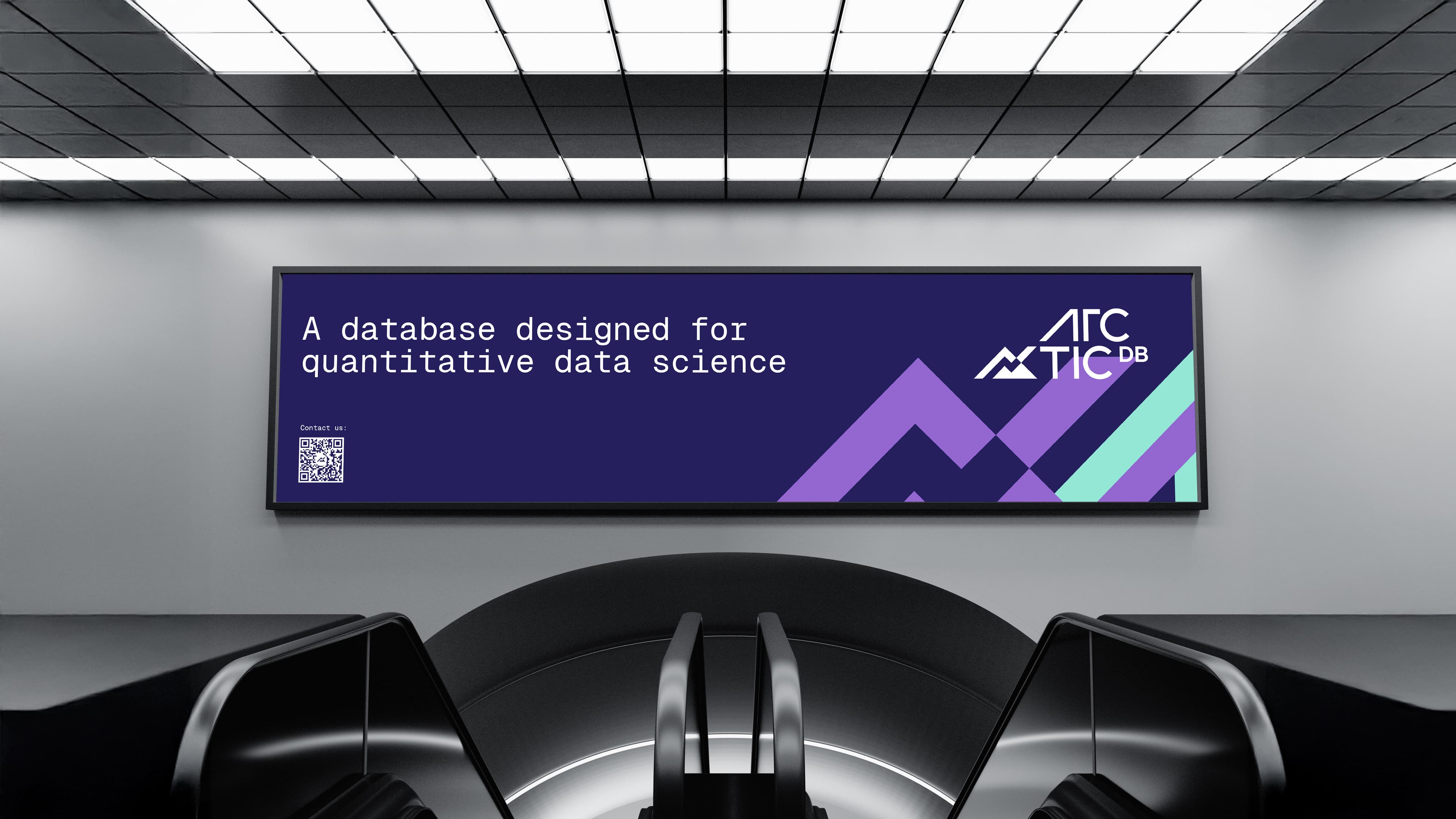 "Subway billboard advertisement for ArcticDB: 'A database designed for quantitative data science,' with purple geometric design and a contact QR code."