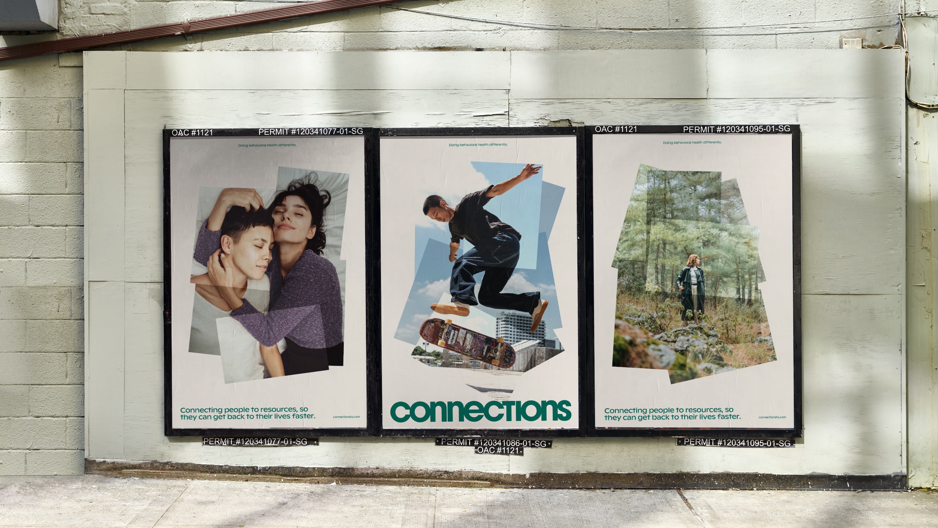 Three outdoor posters for Connections behavioral health, featuring a couple embracing, a skateboarder mid-trick, and a person standing in a forest, with the tagline "Connecting people to resources, so they can get back to their lives faster."