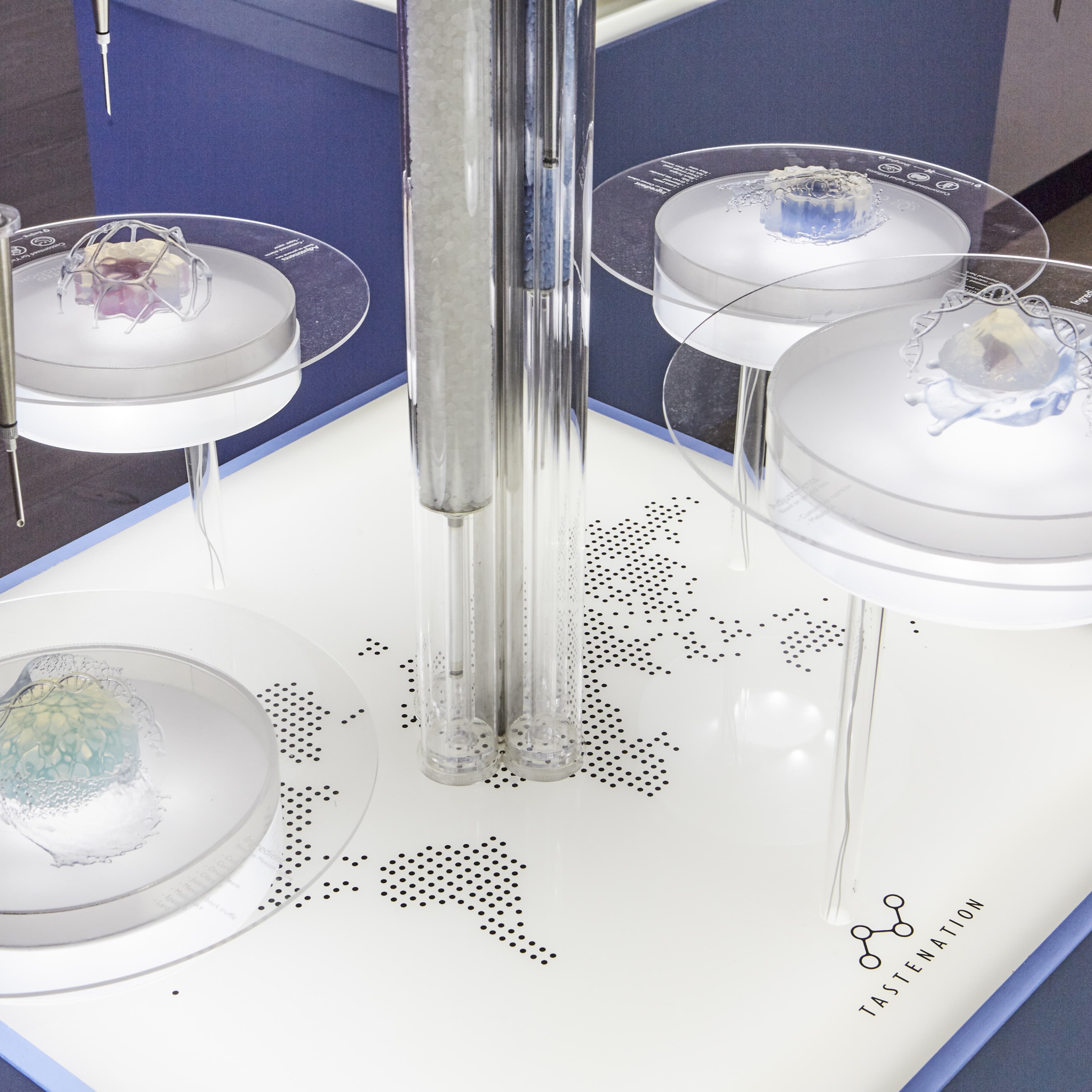 Tastenation exhibition display featuring 3D-printed food specimens on illuminated petri dish platforms, with glass cylinders, syringes, and a dot-pattern world map on a white table surface.
