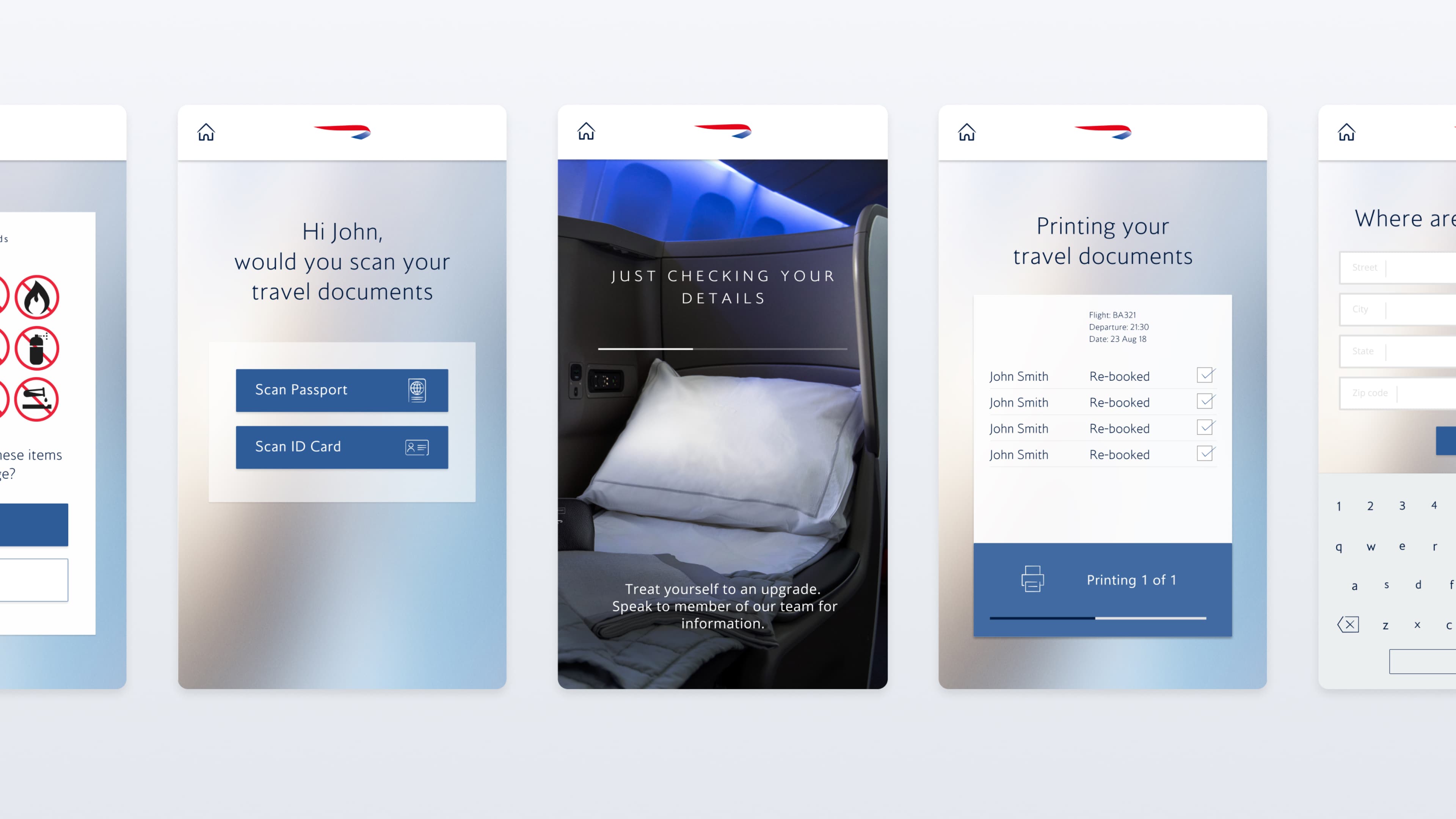 British Airways airport kiosk app screens showing: dangerous items warning, a document scan prompt greeting "Hi John," a business class seat upgrade offer, and a travel document printing confirmation for John Smith on flight BA321 departing 23 Aug.