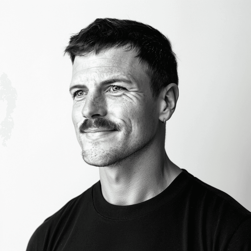 A man with short, dark hair and a well-groomed mustache on a plain, neutral background. He has a slight, pleasant expression and visible "smile lines" around his eyes, suggesting a warm or contemplative mood.