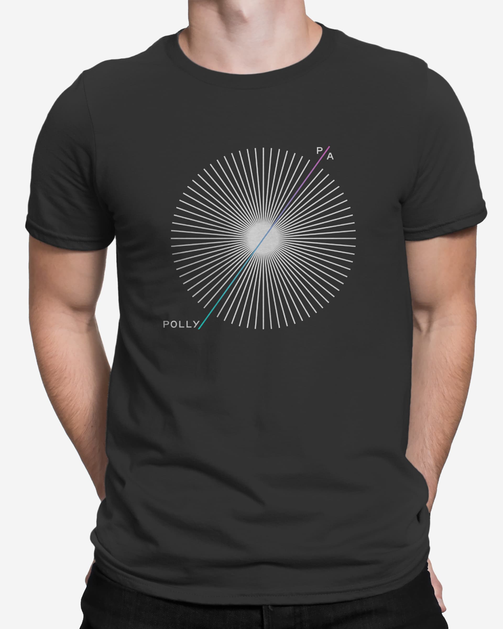 Person wearing a black t-shirt featuring a starburst of white radial lines emanating from a central glow, with colored lines labeled "POLLY" in teal and "PA" (position angle) in purple, suggesting an astronomical diagram.