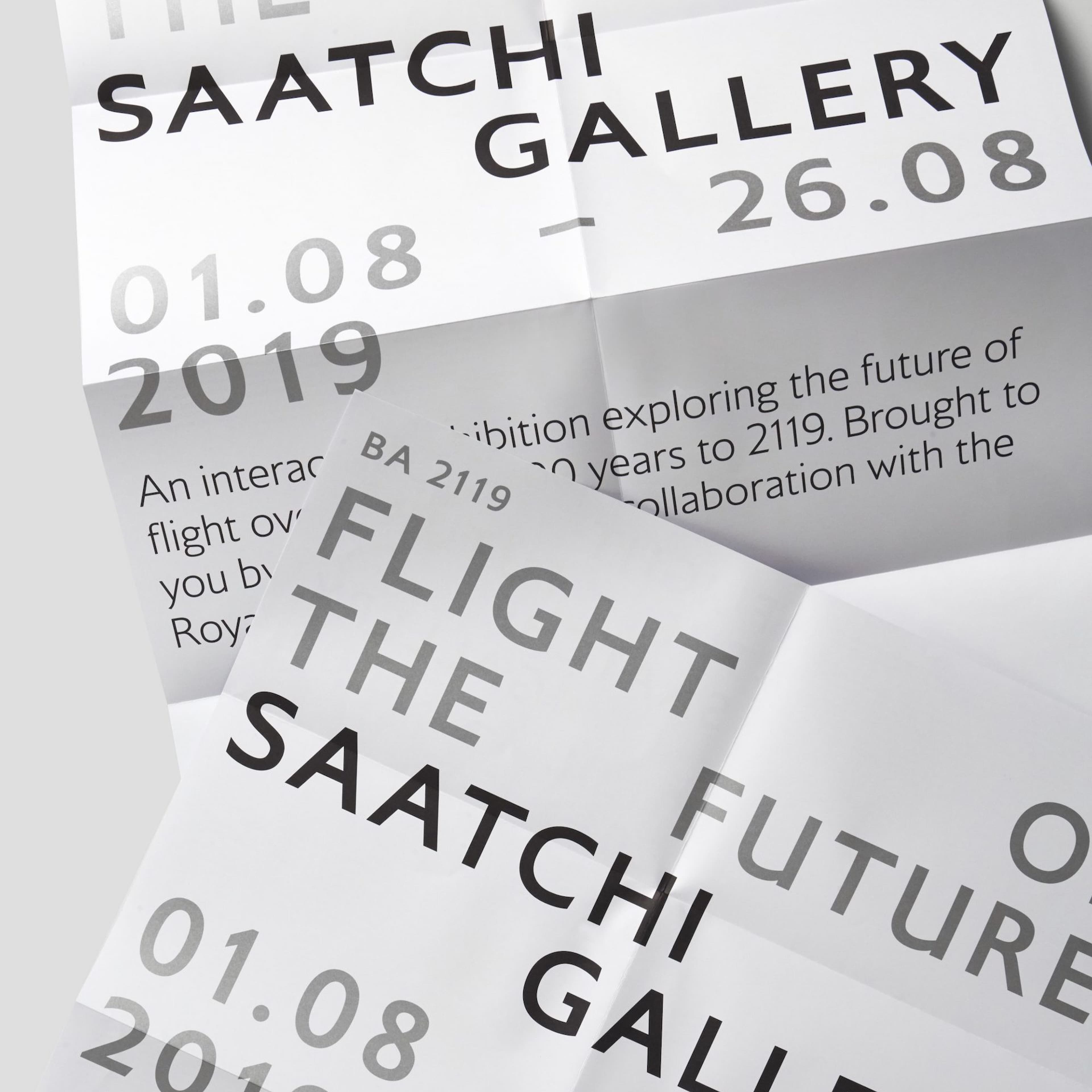 Three folded leaflets for the Saatchi Gallery exhibition "The Future of Flight", BA 2119, running 01.08 to 26.08 2019, described as an interactive exhibition exploring the future of flight over 100 years to 2119.