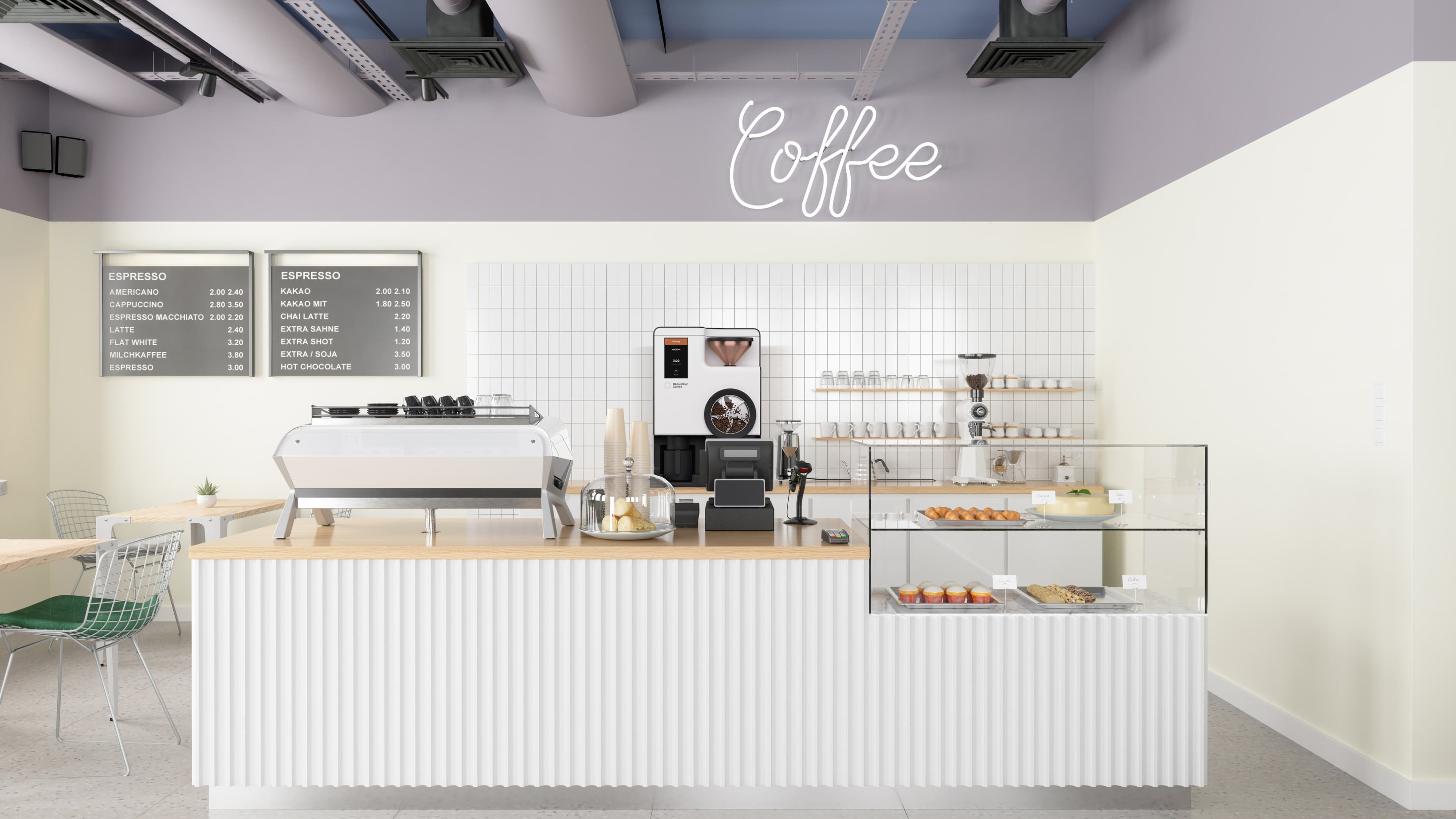 Modern coffee shop interior with a white ribbed counter, espresso machine, Bellwether coffee brewer, glass pastry display case, menu boards listing espresso drinks, and a neon "Coffee" sign above cream and white tiled walls.