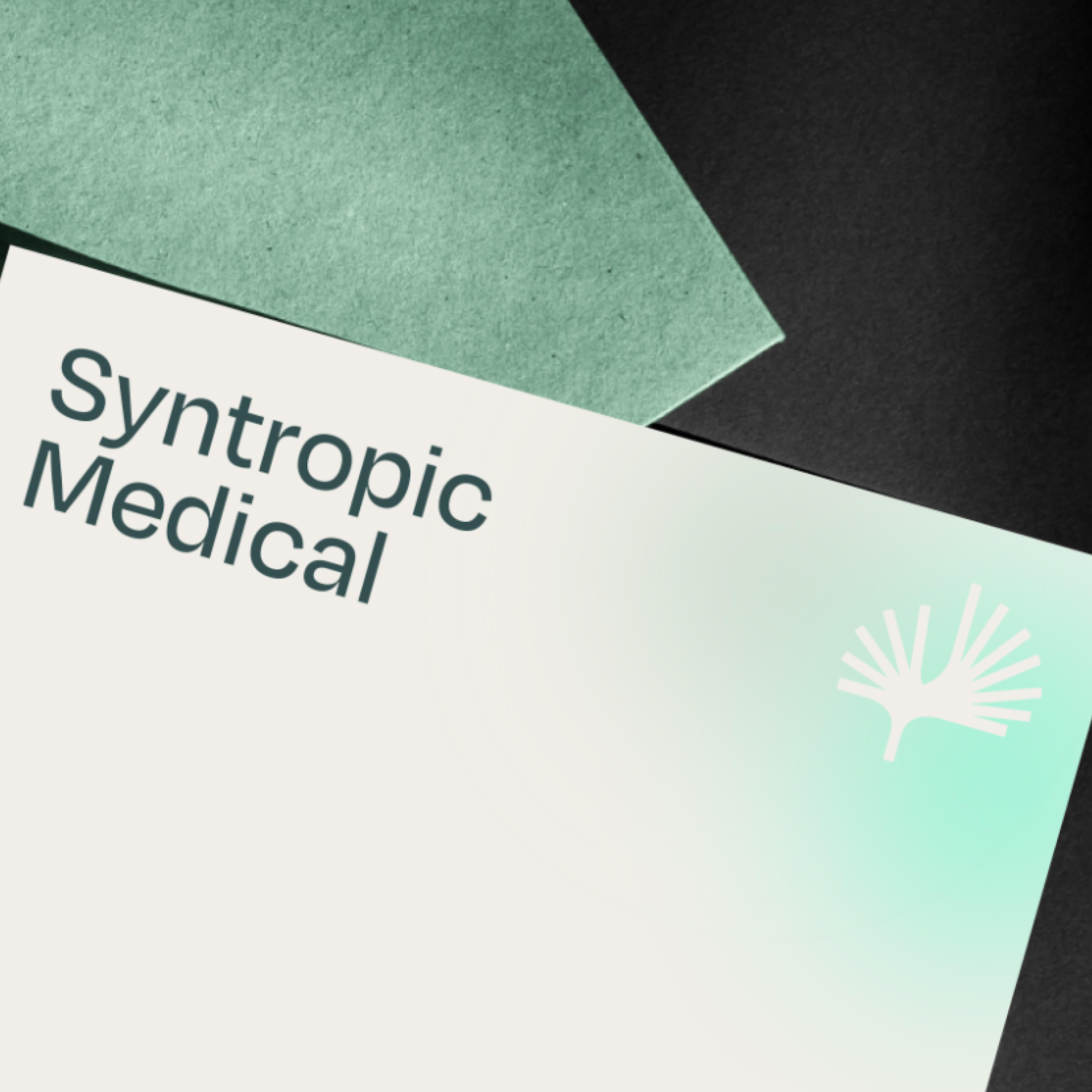 Syntropic Medical branded stationery cards on a dark background, featuring teal typography and a stylized palm leaf icon on a mint gradient.