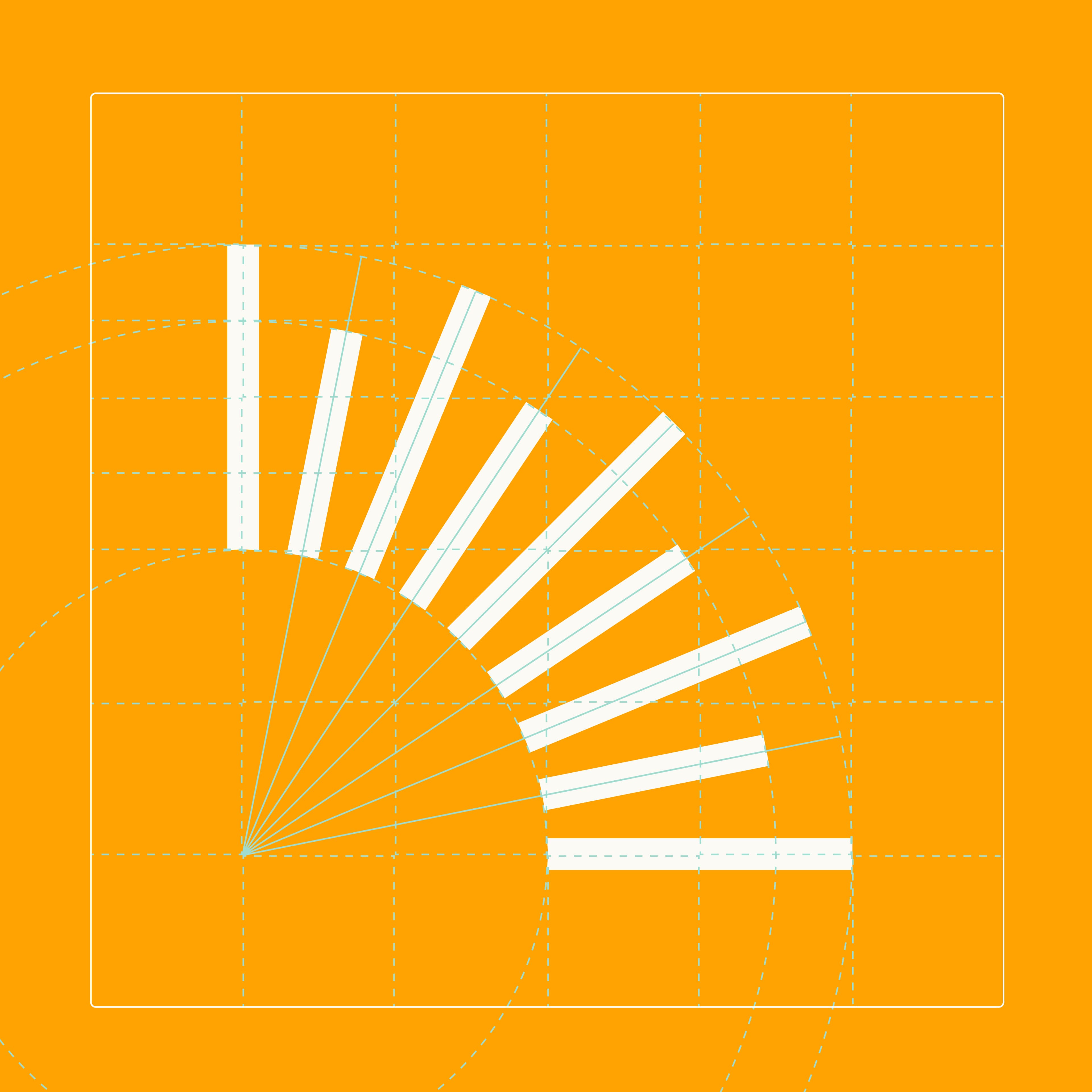BL brand mark logo featuring white radiating bars arranged in a quarter-circle arc on an orange background with cyan construction guidelines.