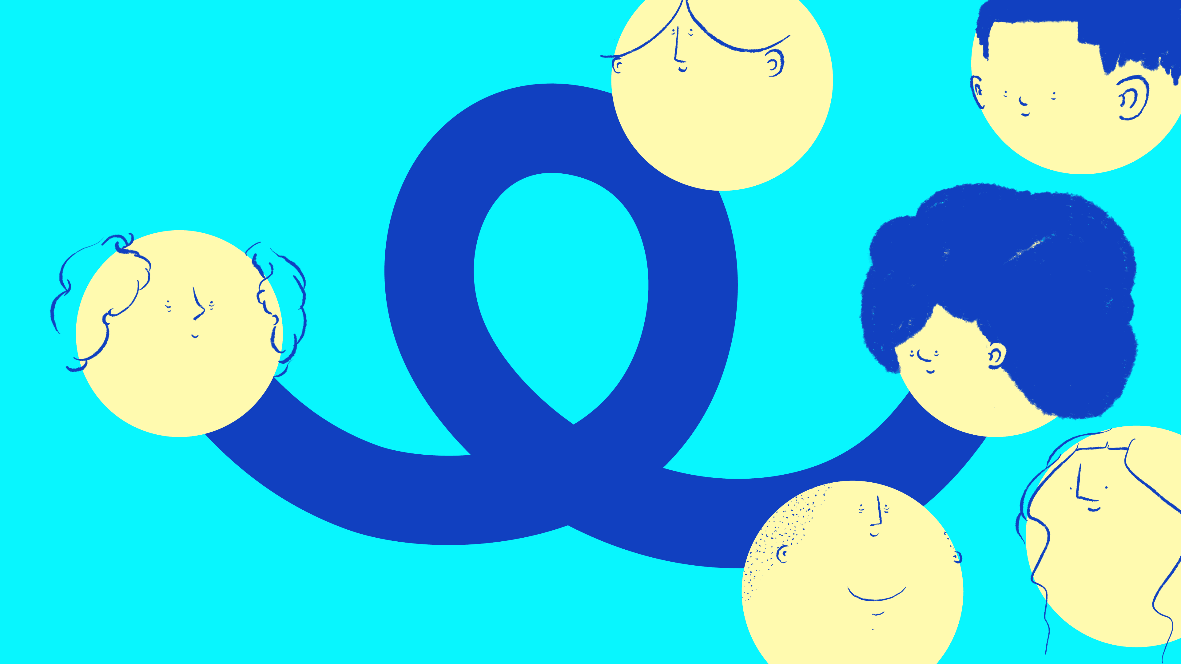 Illustrated graphic of diverse cartoon faces on yellow circles connected by a flowing blue ribbon shape, on a cyan background, suggesting community and connection.