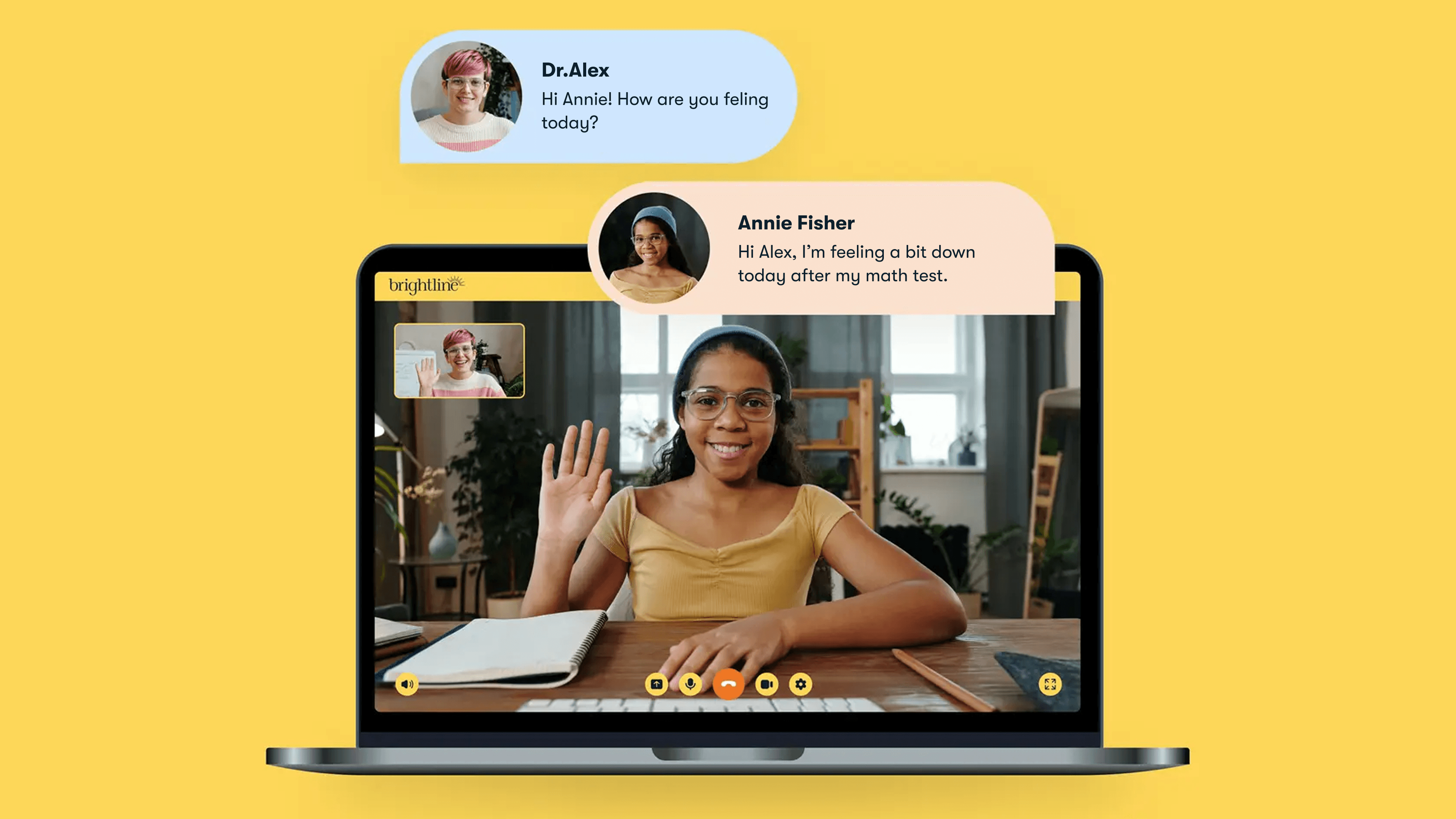 Teenage girl waving during a Brightline video therapy session on a laptop, with chat bubbles showing Dr. Alex asking how she's feeling and the girl responding she's down after her math test.