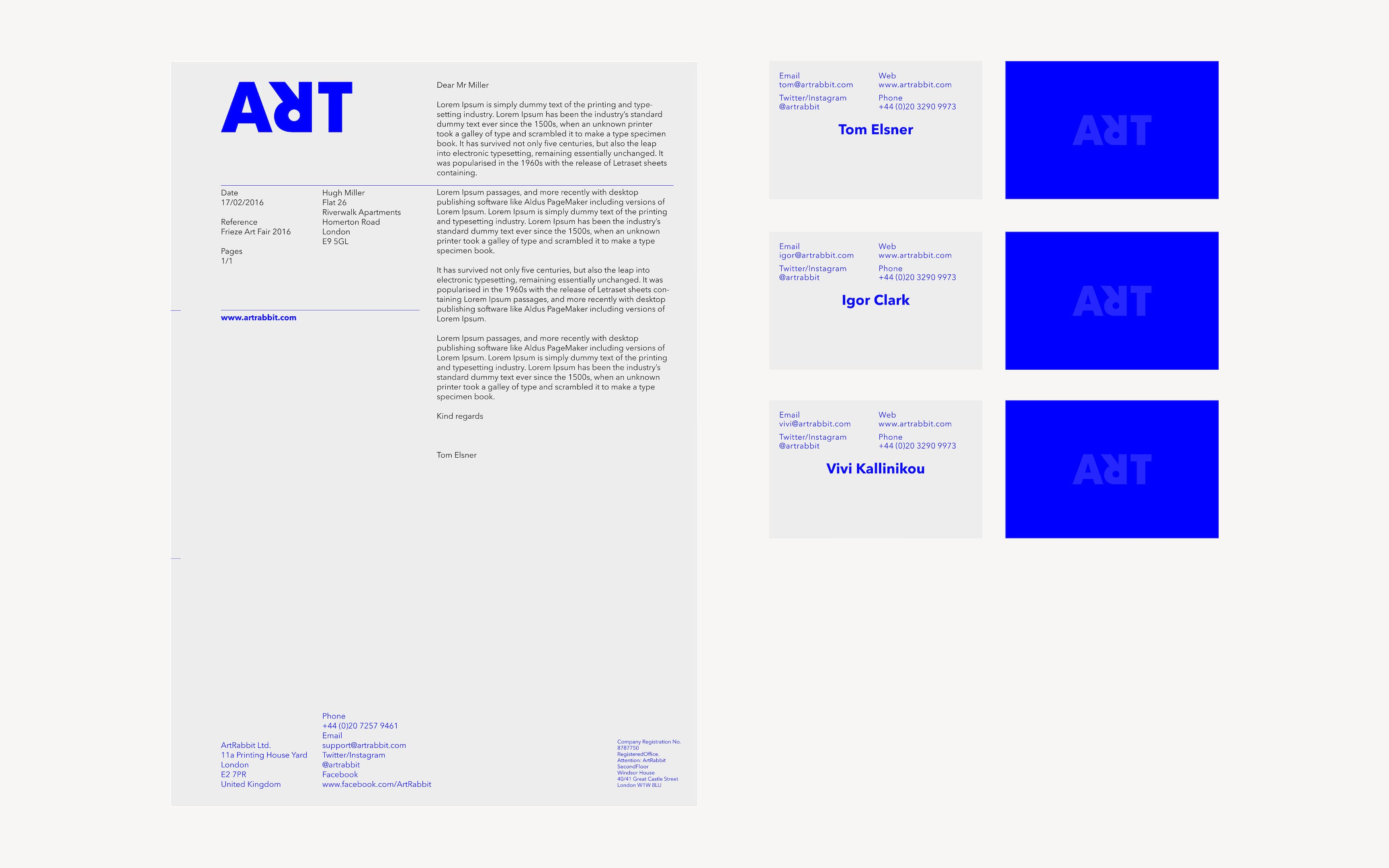 ArtRabbit branded stationery suite showing a letterhead with bold blue stylized logo and body text, alongside three business cards for Tom Elsner, Igor Clark, and Vivi Kallinikou, each with contact details and a blue logo panel.