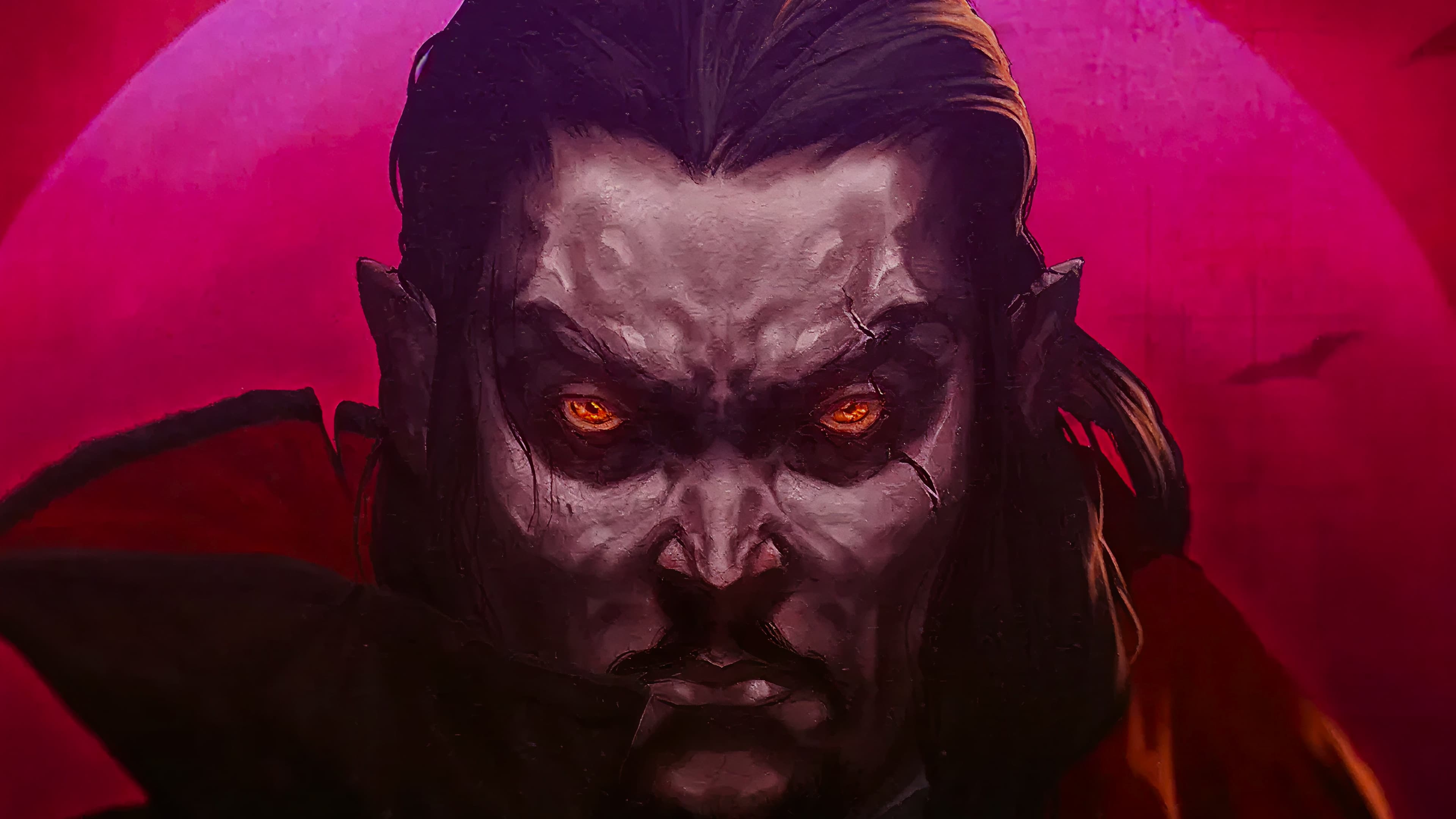 Digital artwork of a menacing vampire lord with glowing orange eyes, pale cracked skin, and dark hair, set against a crimson background — likely key art from the game Vampire Survivors.