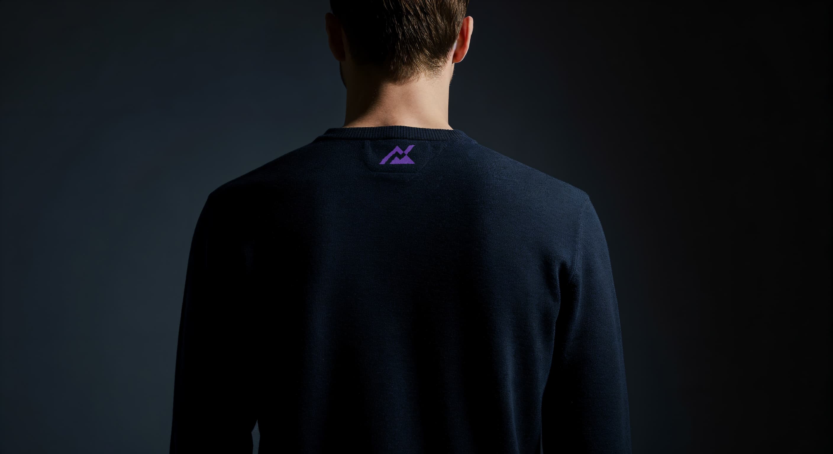Rear view of a person wearing a navy blue sweatshirt with a purple mountain-style logo embroidered at the center back neckline, against a dark background.