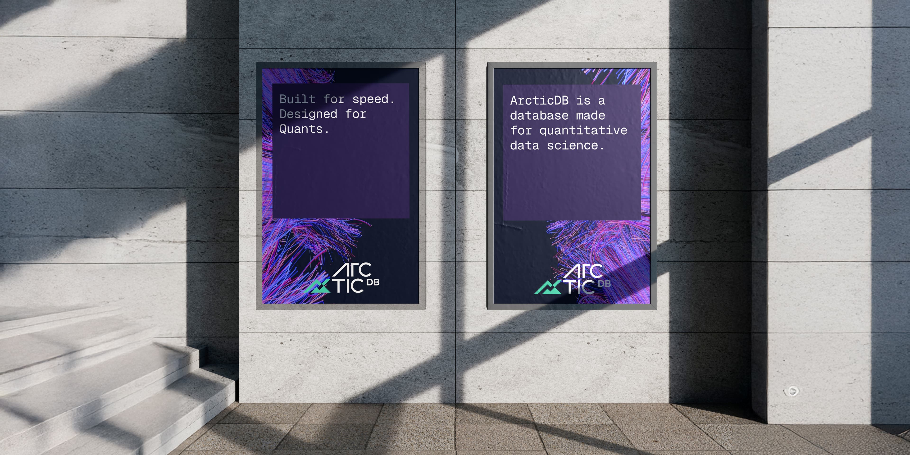 Two ArcticDB advertisement posters on a concrete wall. Left poster reads "Built for speed. Designed for Quants." Right poster reads "ArcticDB is a database made for quantitative data science." Both feature purple and pink abstract fiber designs with the ArcticDB logo.