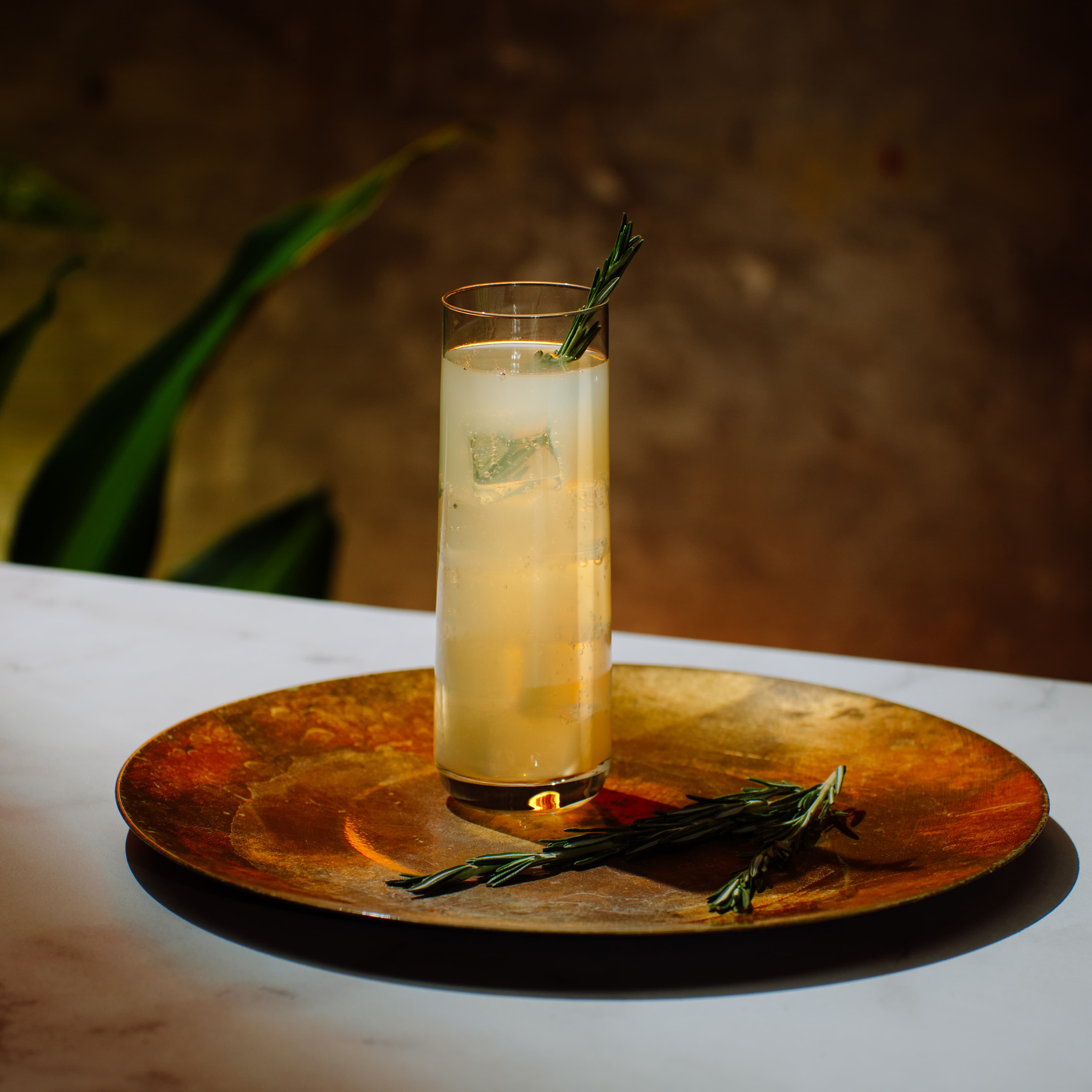 A tall glass of Mulberry Collins cocktail with ice and a rosemary sprig garnish, served on a brass plate with fresh rosemary sprigs alongside, against a warm blurred background.