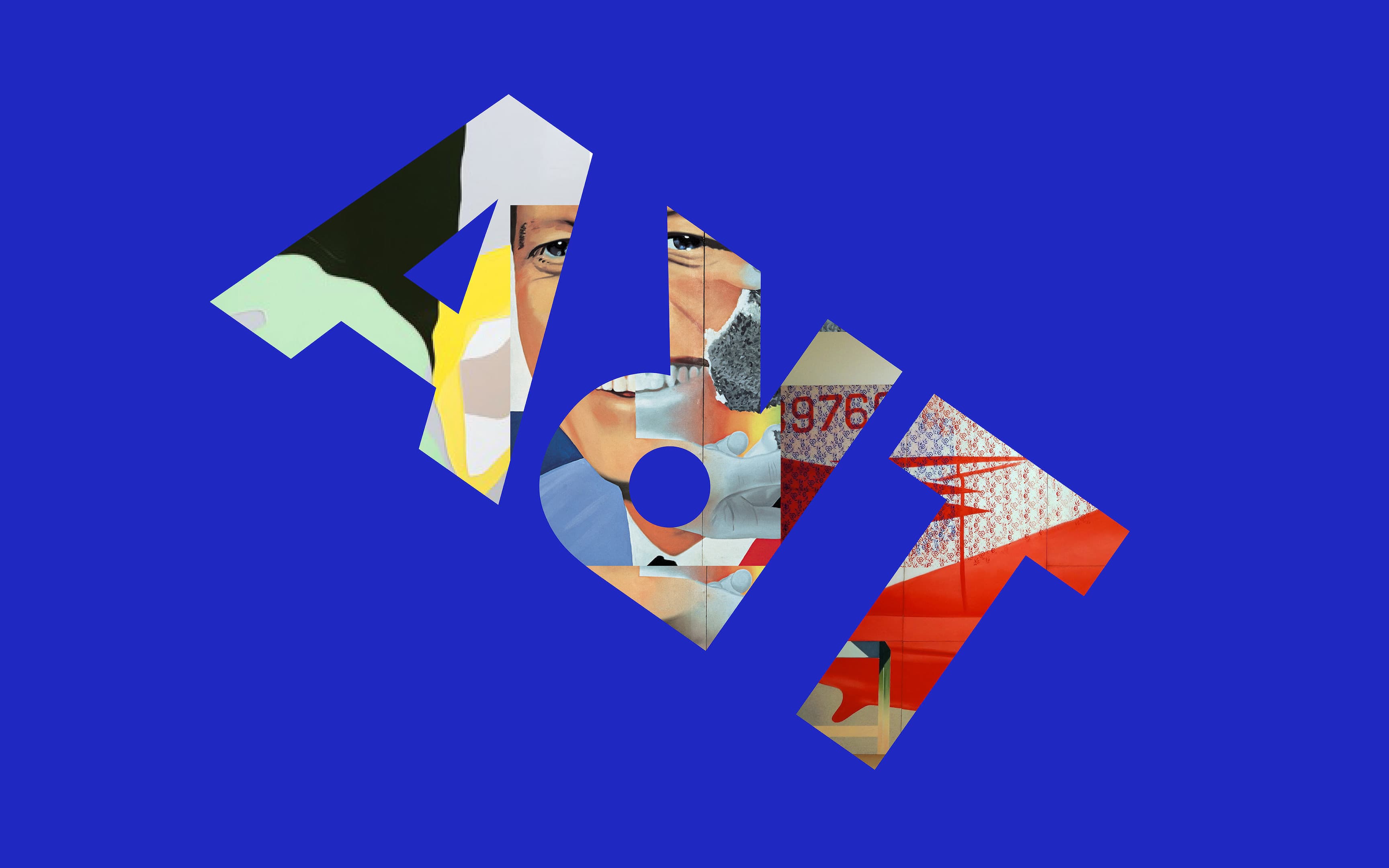 Bold blue background with large typographic letters filled with a collage of colorful abstract imagery including fragmented faces, patterns, and the number 1976.