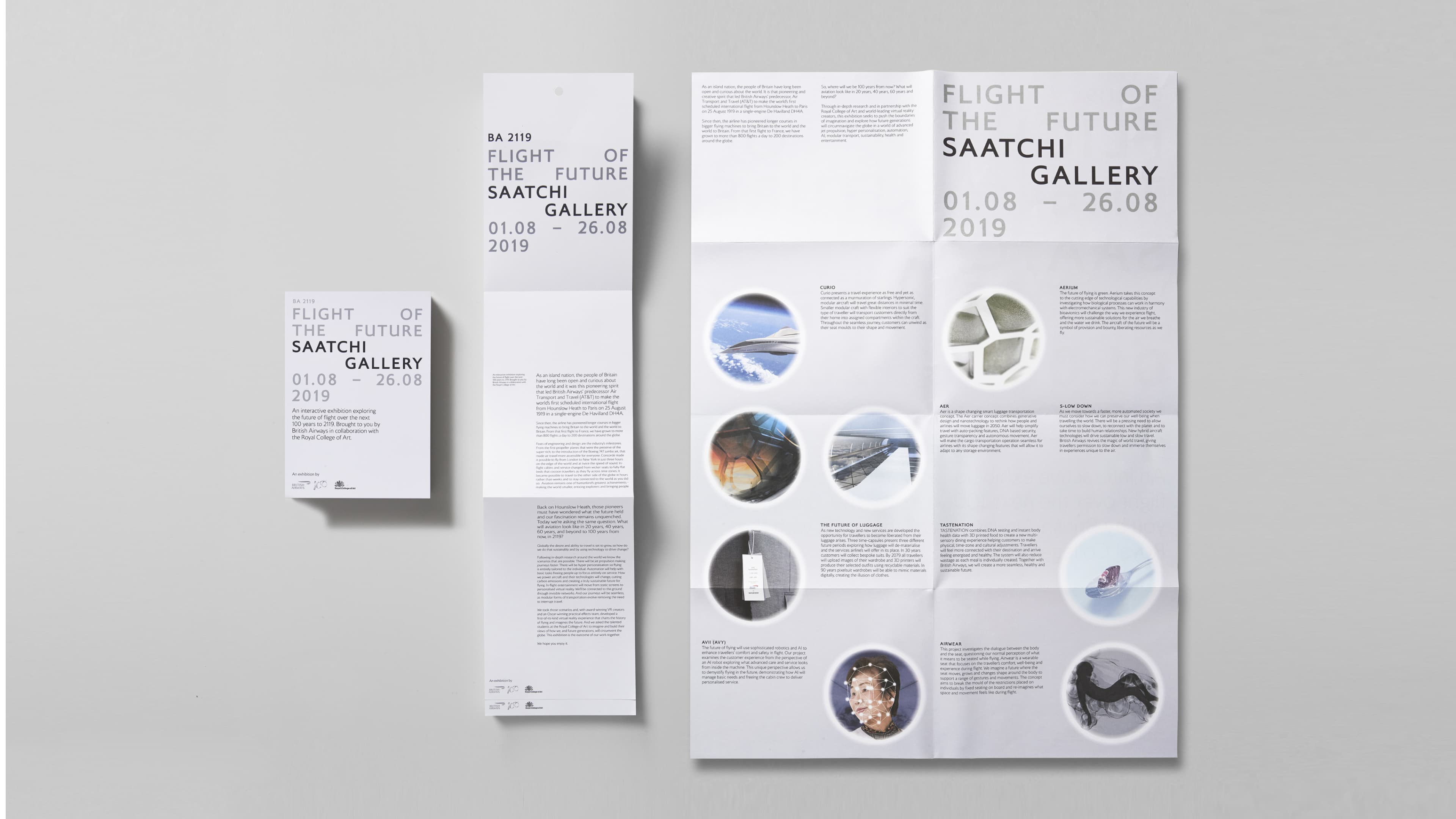 Three printed exhibition leaflets for "BA 2119: Flight of the Future" at Saatchi Gallery, 1–26 August 2019, a British Airways and Royal College of Art collaboration — shown as a small card, a tall folded leaflet, and a large open brochure with circular concept images and exhibition descriptions.