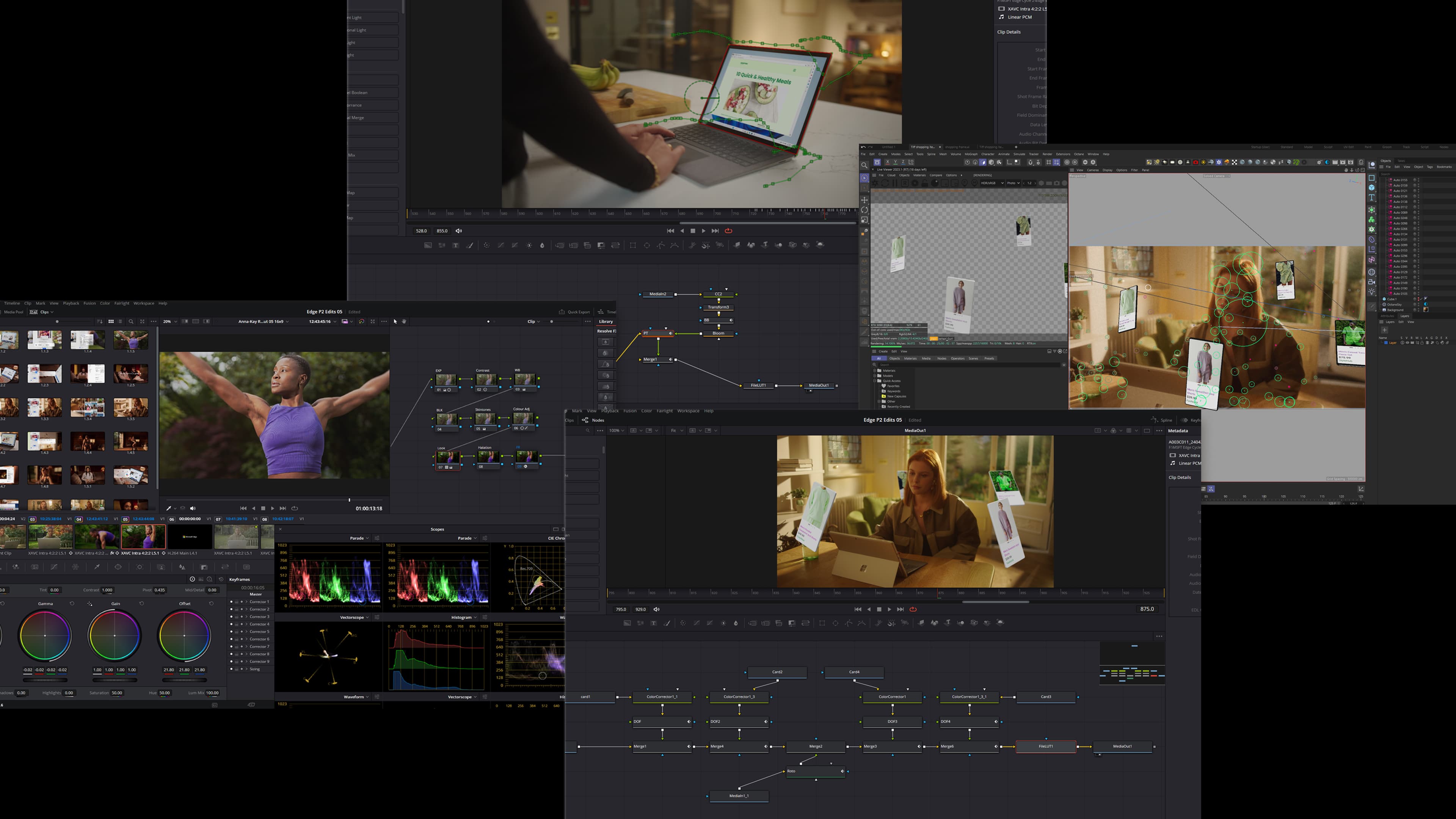 Multiple DaVinci Resolve workspaces showing video editing timelines, node-based compositing, VFX motion tracking, color grading scopes, and preview windows from a Microsoft Edge pre-production workflow.