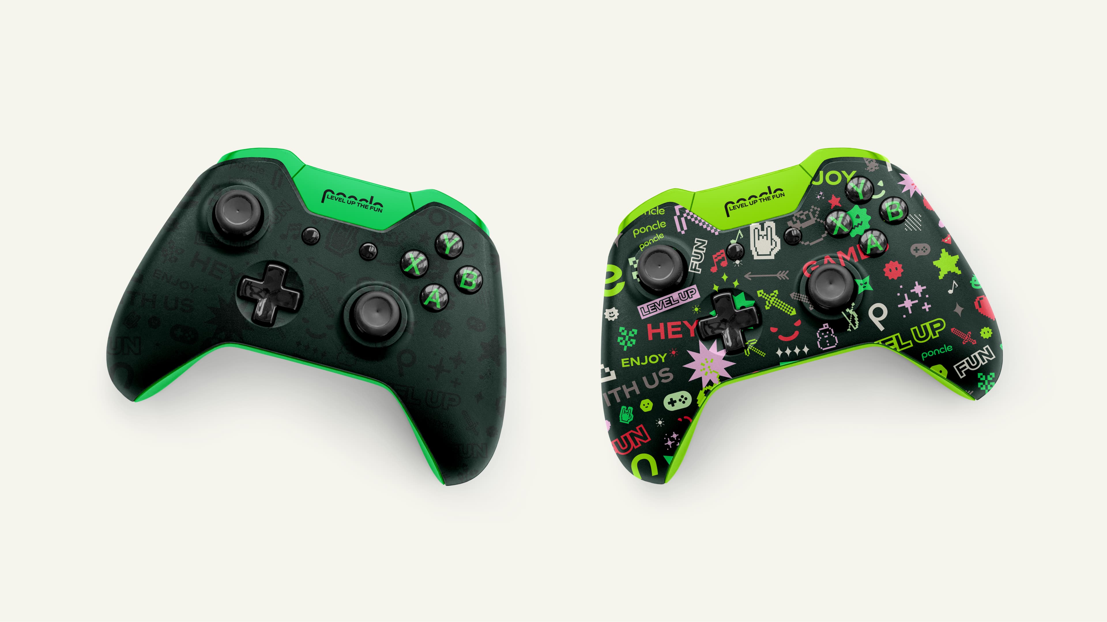 Two Poncle-branded black gaming controllers with neon green accents on a light background; left has subtle dark pattern with the tagline "Level Up the Fun," right features a vibrant collage of gaming icons, text, and colorful sticker-style graphics.