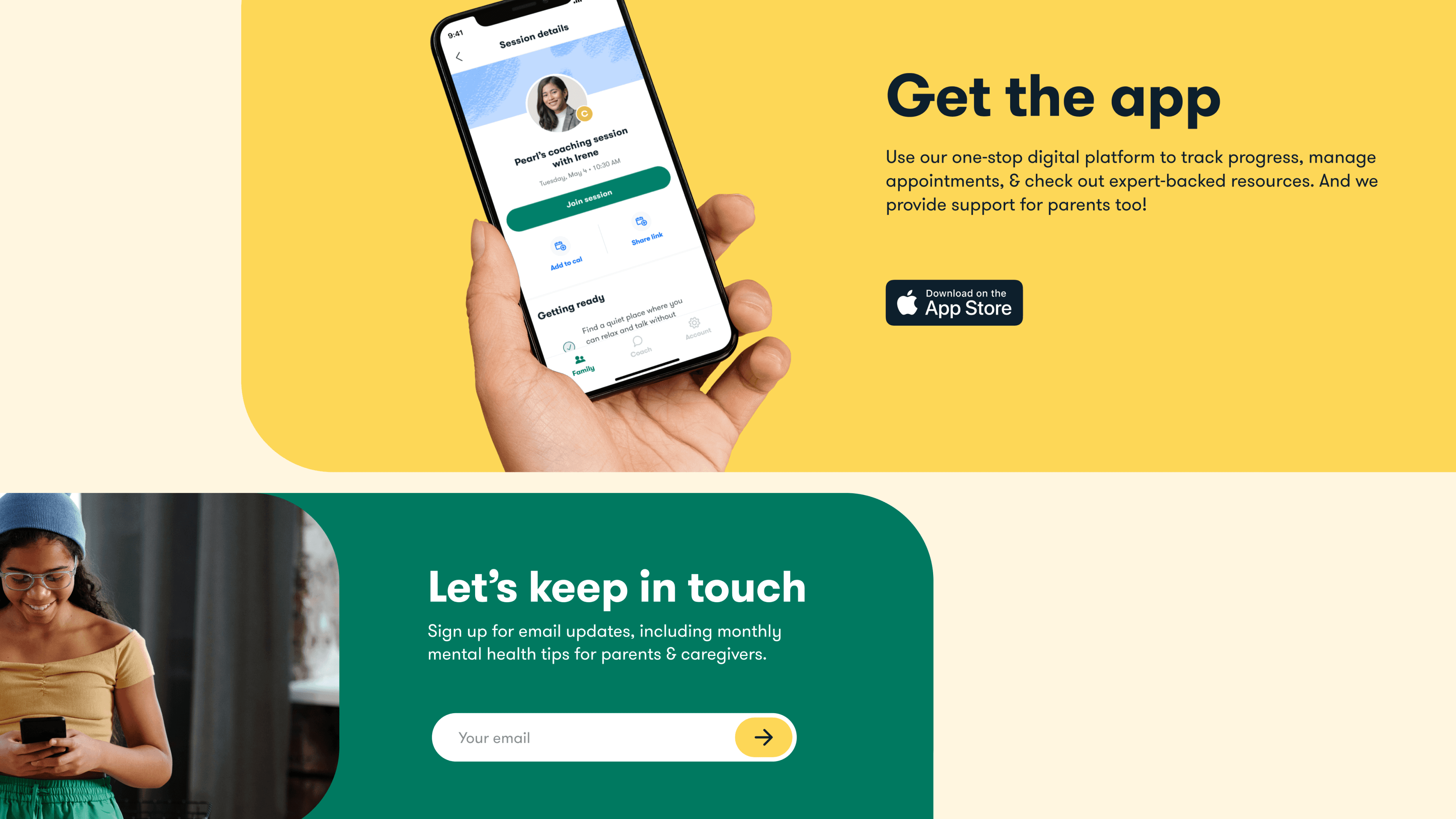 Hand holding a smartphone showing a youth coaching session details screen in a mental health app, with options to join the session, add to calendar, and share a link.