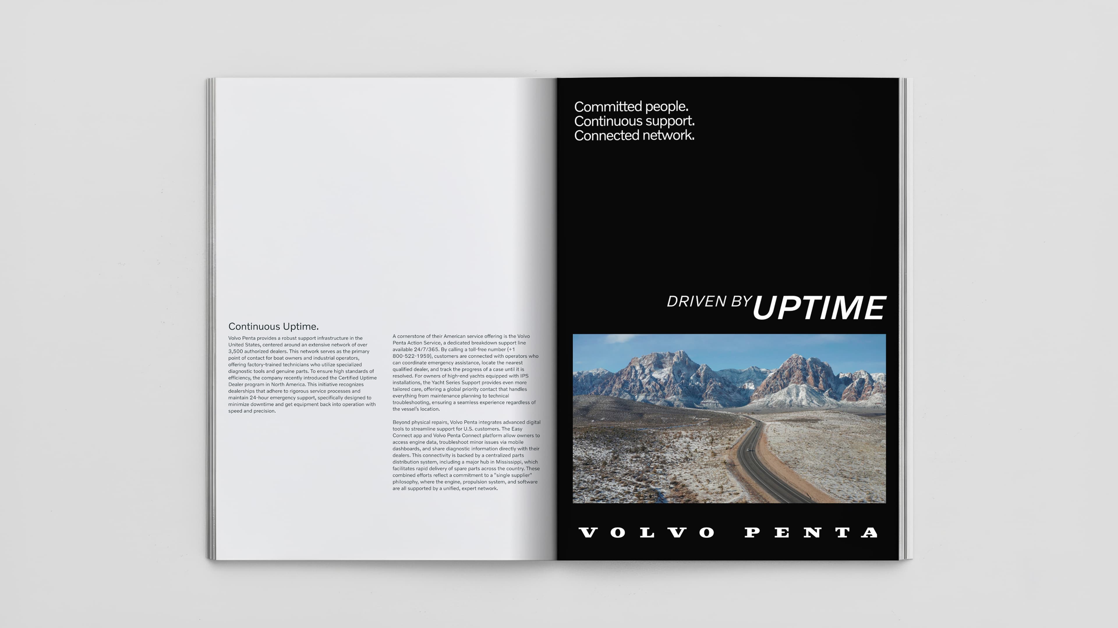 Picture of a open magazine with a Volvo Penta advert on the right side and text on the left side.