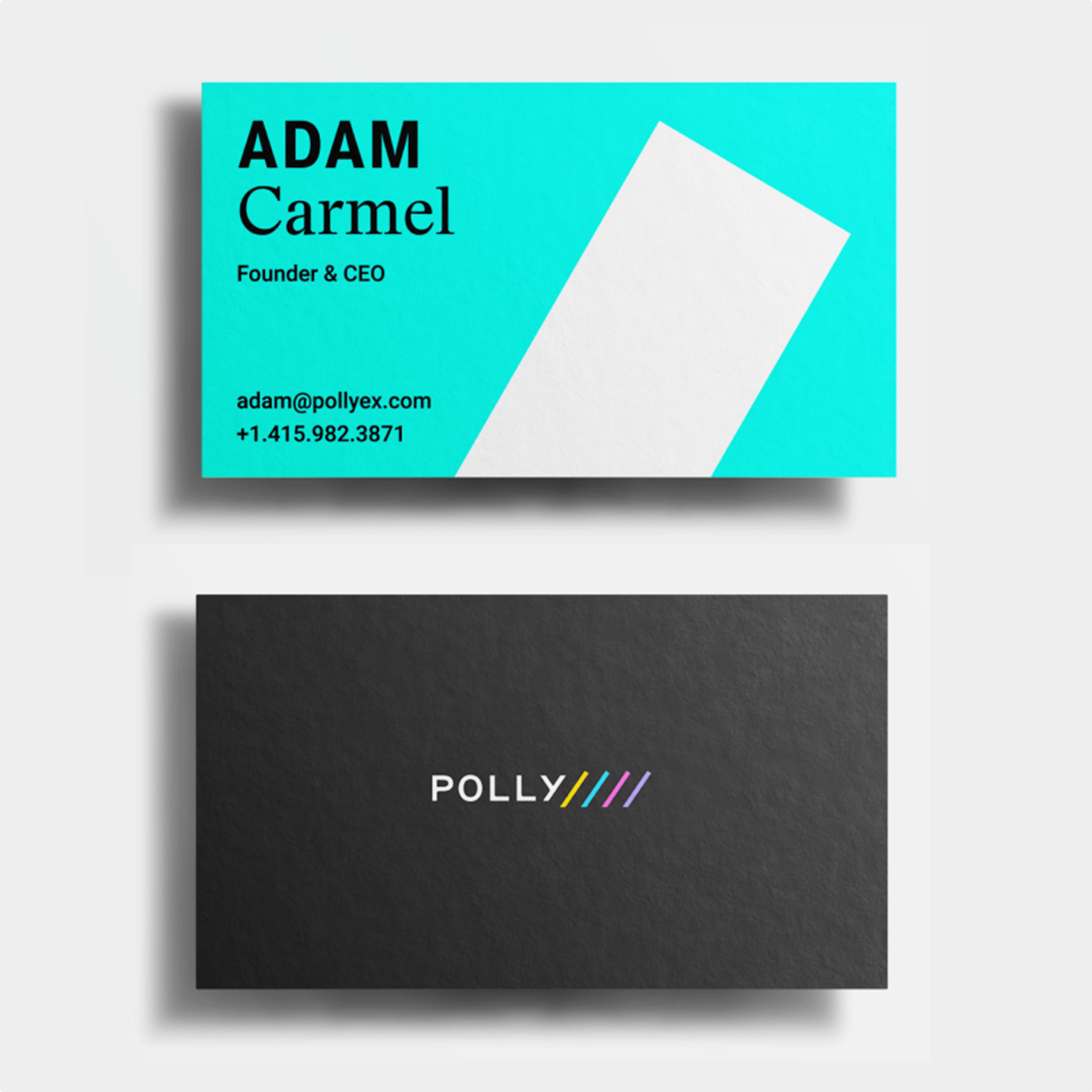 Front and back of a business card for Adam Carmel, Founder & CEO at Polly; front is cyan with a white diagonal shape showing email adam@pollyex.com and phone +1.415.982.3871; back is black with the Polly logo and colorful diagonal stripes.