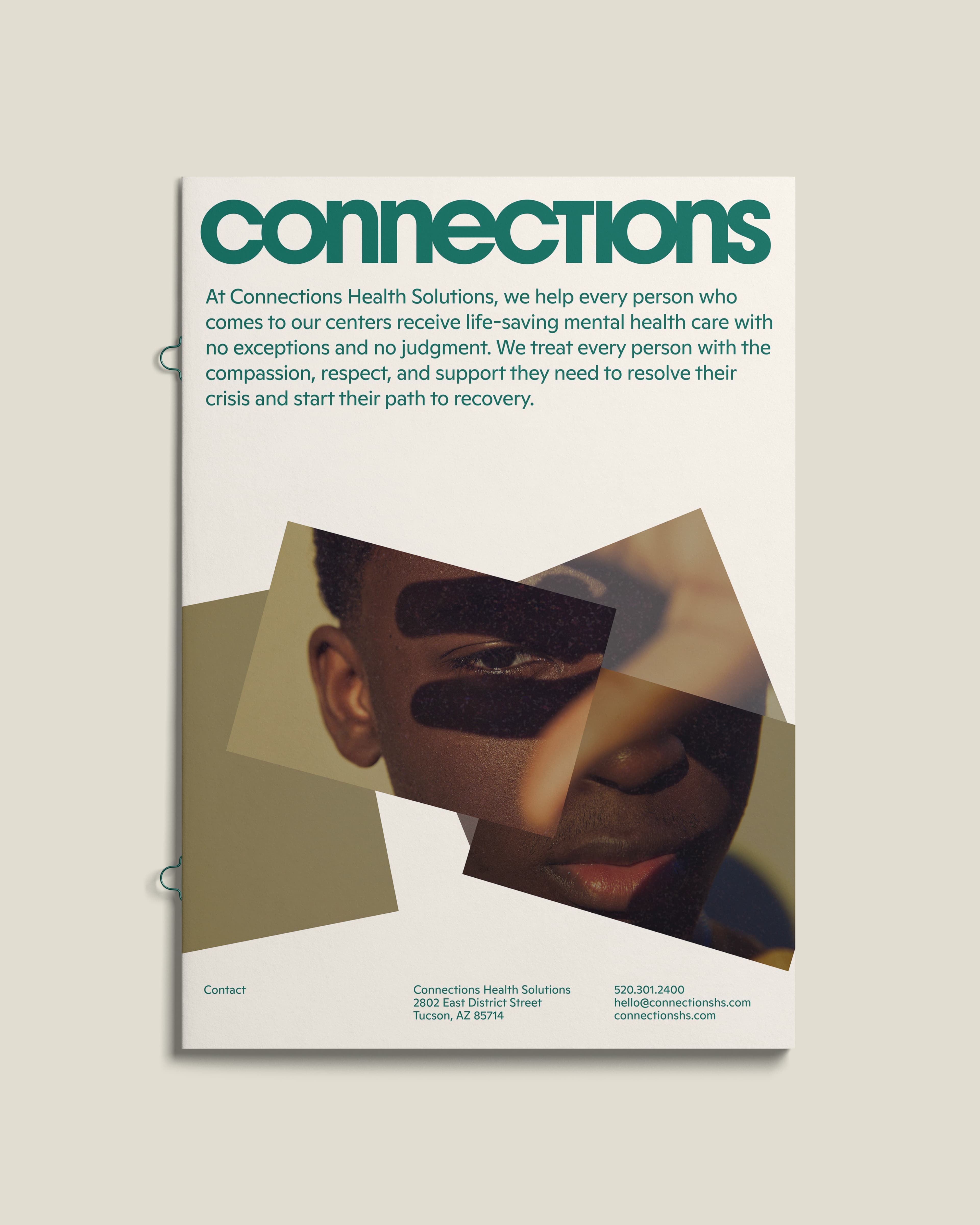 Cover of a Connections Health Solutions brochure with a teal logo, mission statement about providing compassionate mental health crisis care, a fragmented collage portrait of a person's face, and contact details for their Tucson, AZ location.