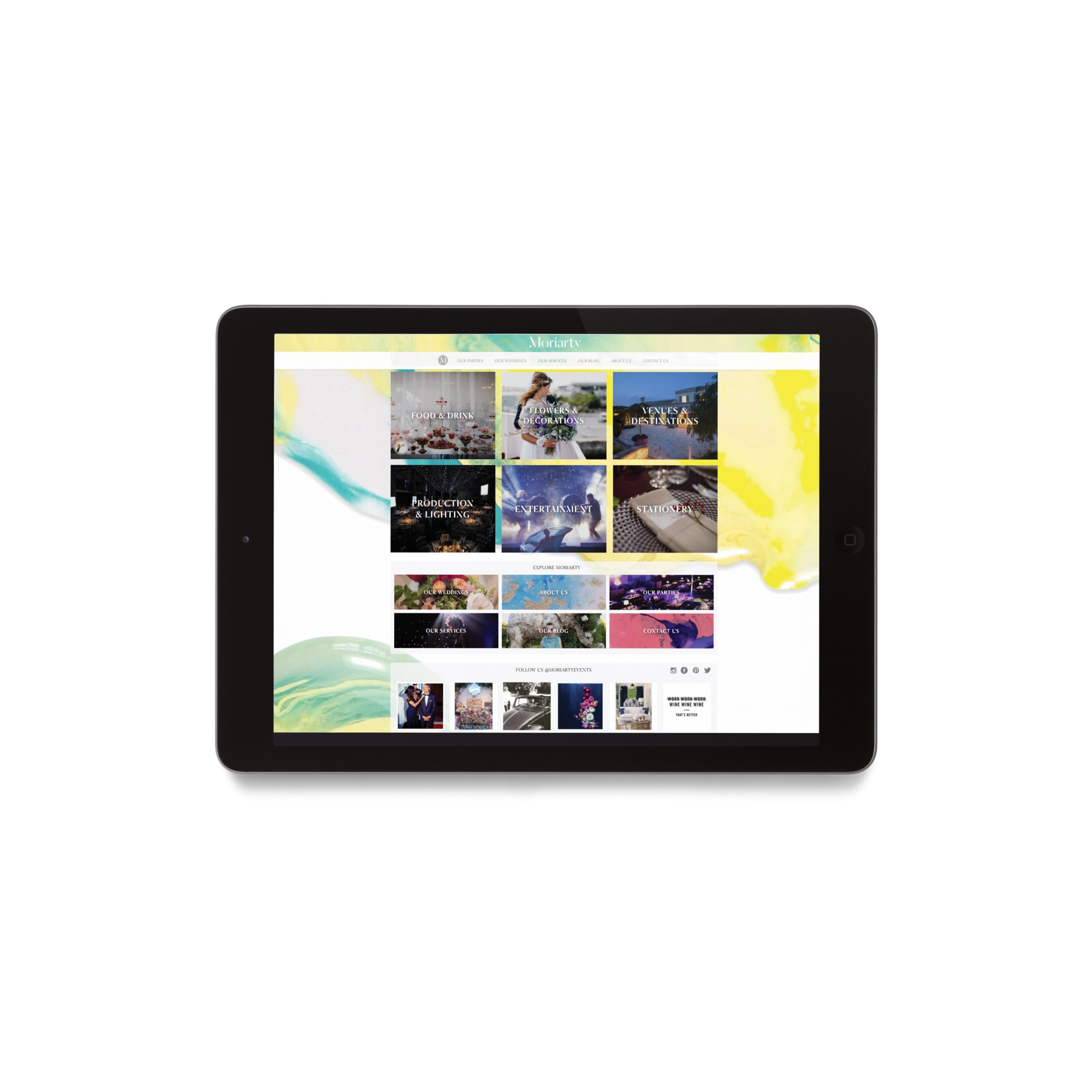 Tablet displaying the Moriarty Events website, showing a grid of service categories including Food & Drink, Flowers & Decorations, Venues & Destinations, Entertainment, and Stationery.