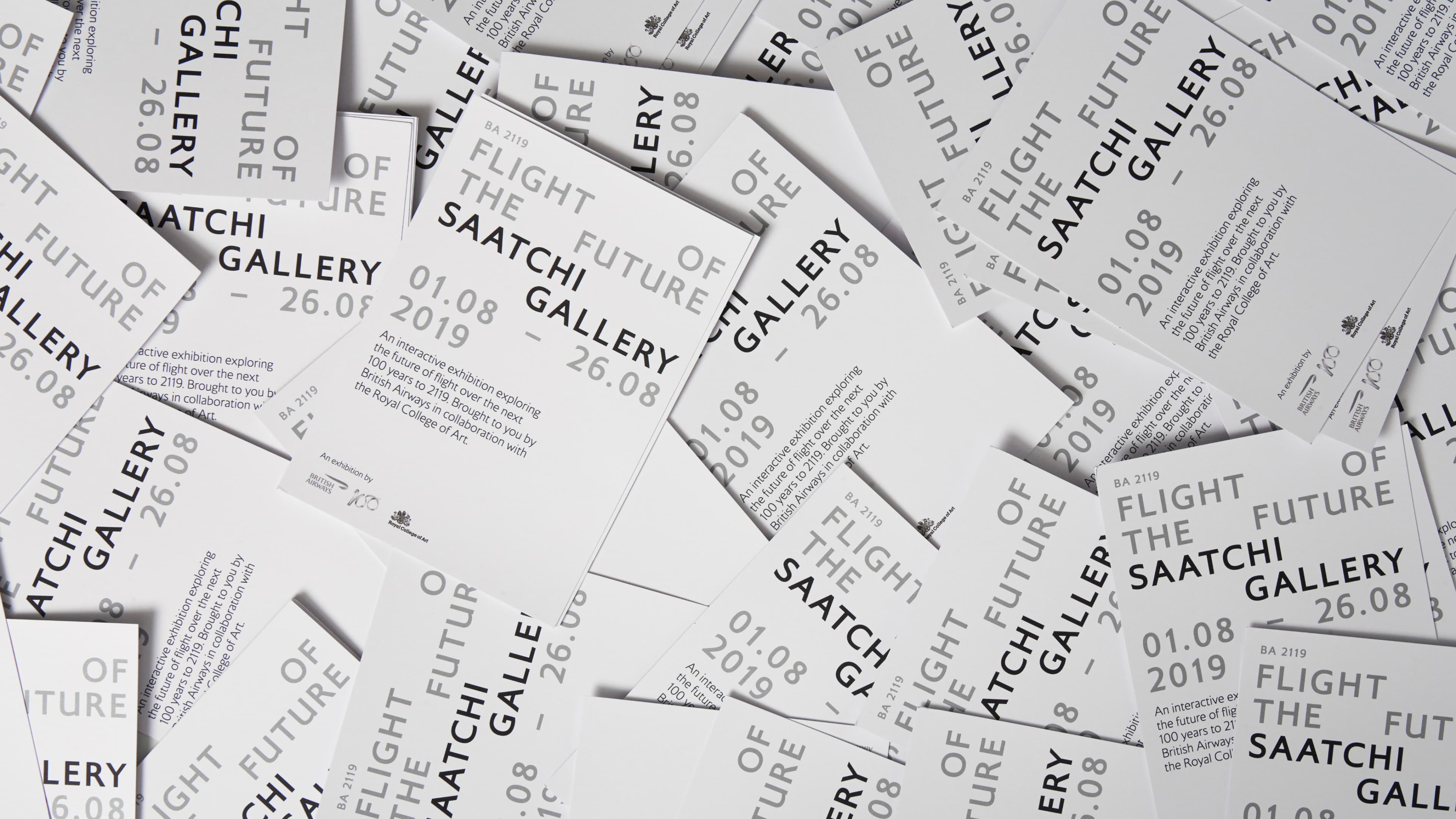 Multiple scattered promotional flyers for "Flight of the Future – BA 2119" exhibition at Saatchi Gallery, 1–26 August 2019, presented by British Airways in collaboration with the Royal College of Art.