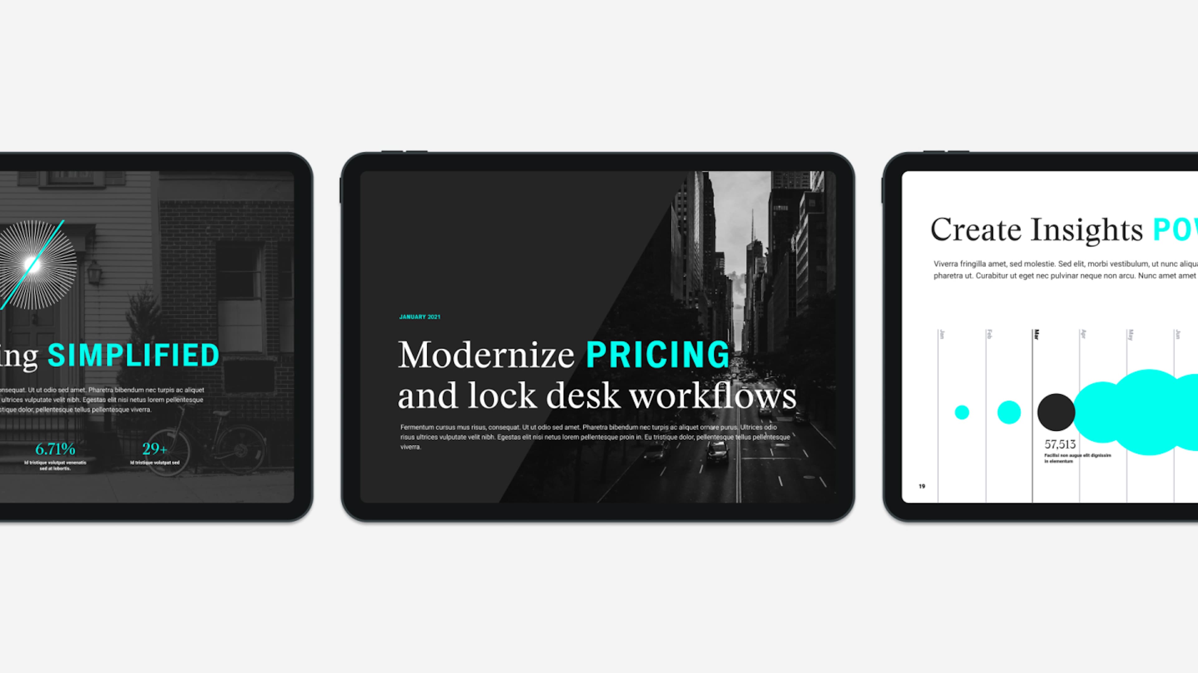 Three iPad tablets showing dark-themed presentation slides with cyan accents: a simplified solutions slide with stats, a January 2021 slide titled "Modernize Pricing and lock desk workflows," and a "Create Insights" data visualization slide with bubble charts.