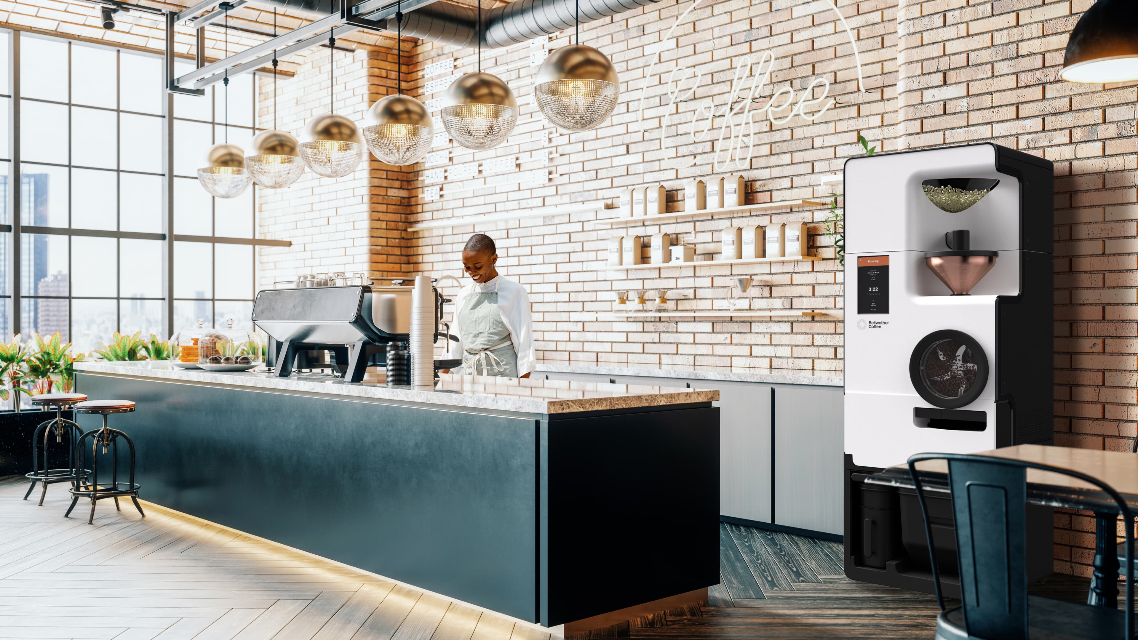 A smiling barista works behind a modern café counter with industrial brick walls, pendant lights, and large city-view windows, alongside a Bellwether Coffee automated roaster machine.