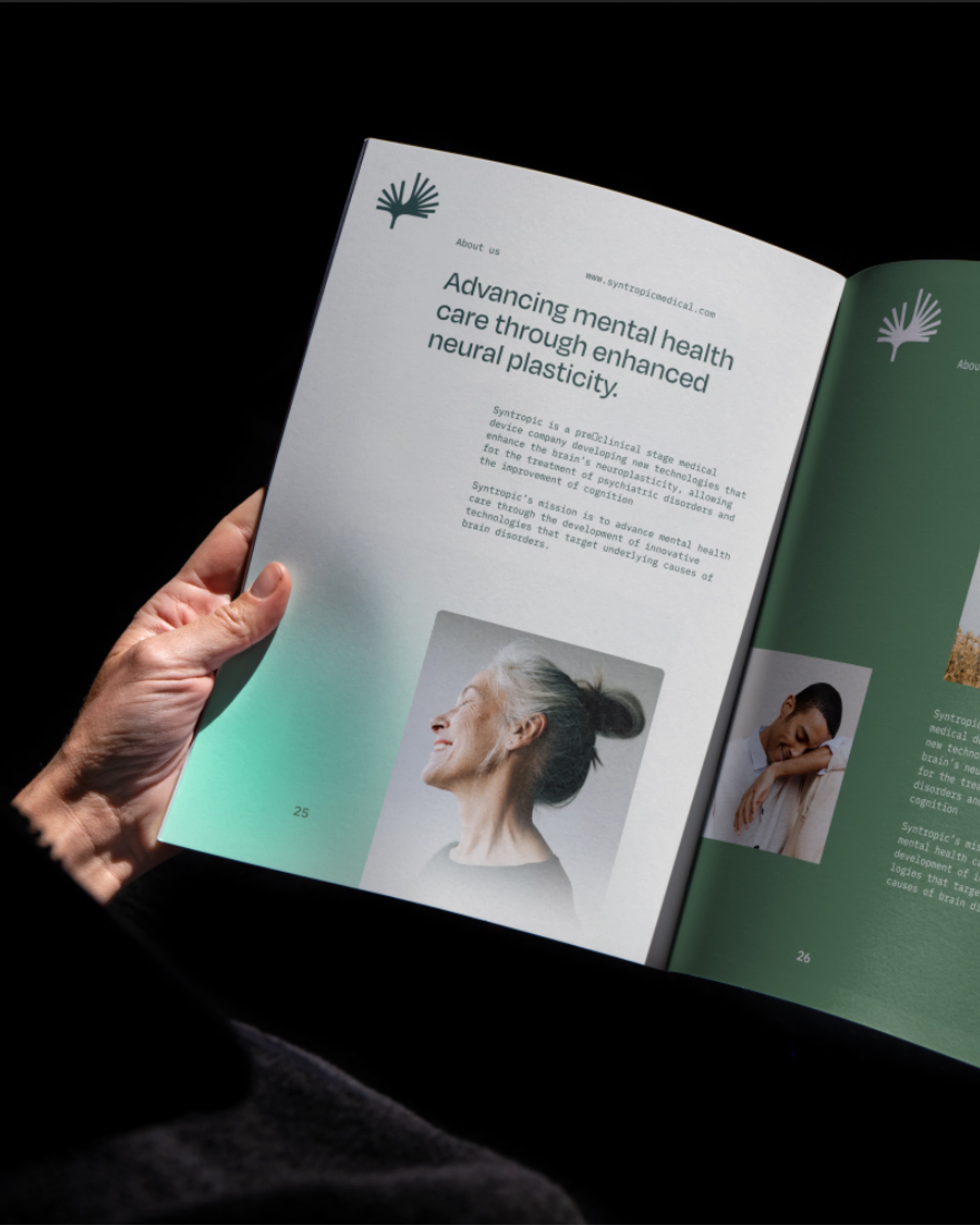 Person holding an open brochure for Syntropic Medical titled 'Advancing mental health care through enhanced neural plasticity,' featuring images of a smiling older woman and a young woman resting with eyes closed.
