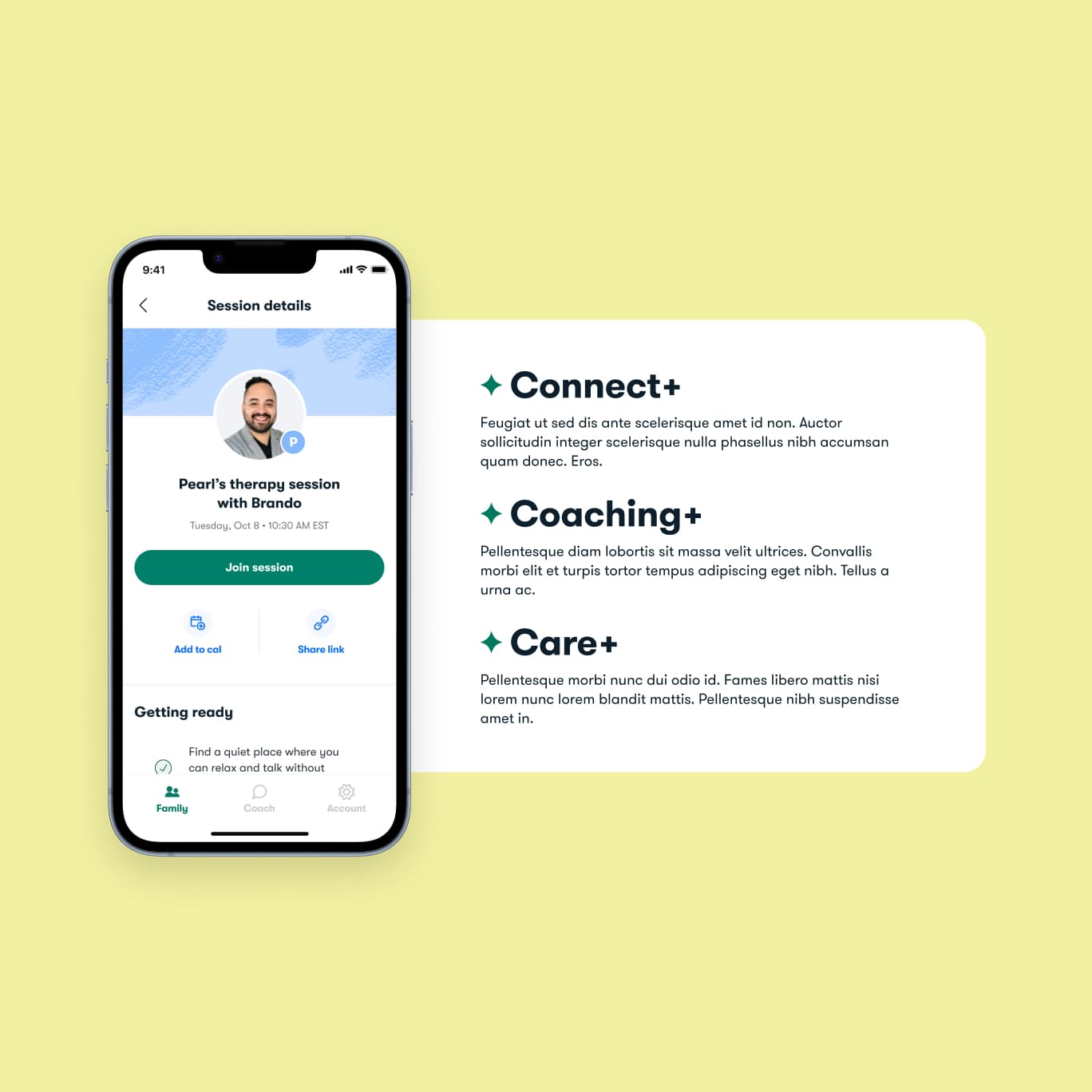 Brightline app screenshot showing "Pearl's therapy session with Brando" scheduled for Tuesday, Oct 8 at 10:30 AM EST, with a green "Join session" button and options to add to calendar or share. Beside it, a white card on a yellow background lists three service tiers: Connect+, Coaching+, and Care+, each with a brief description.