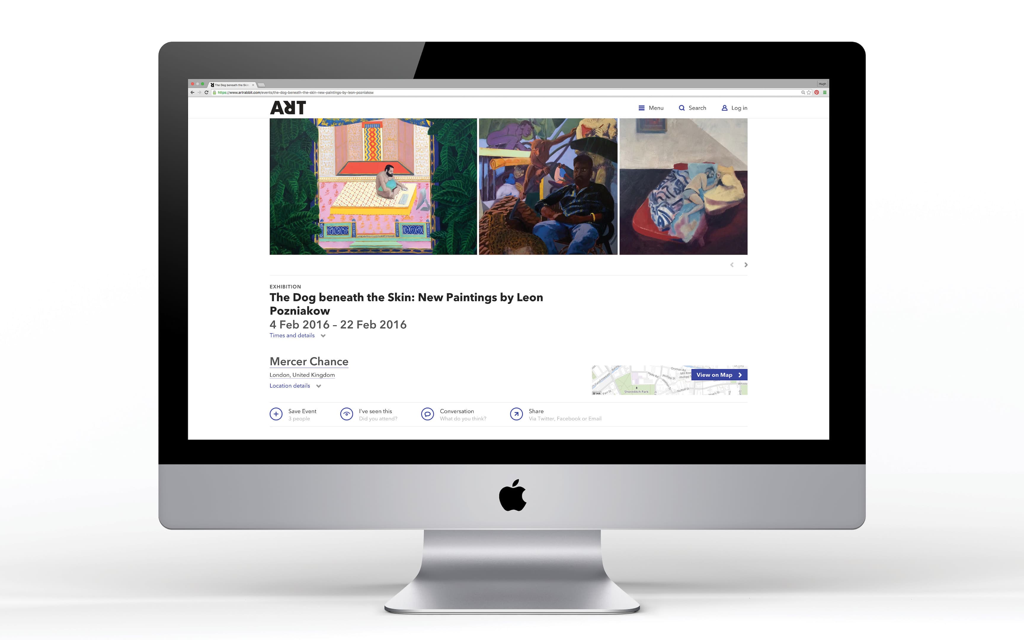 iMac screen displaying the ArtRabbit exhibition page for "The Dog beneath the Skin: New Paintings by Leon Pozniakow" at Mercer Chance, London, 4–22 Feb 2016, showing three figurative paintings.