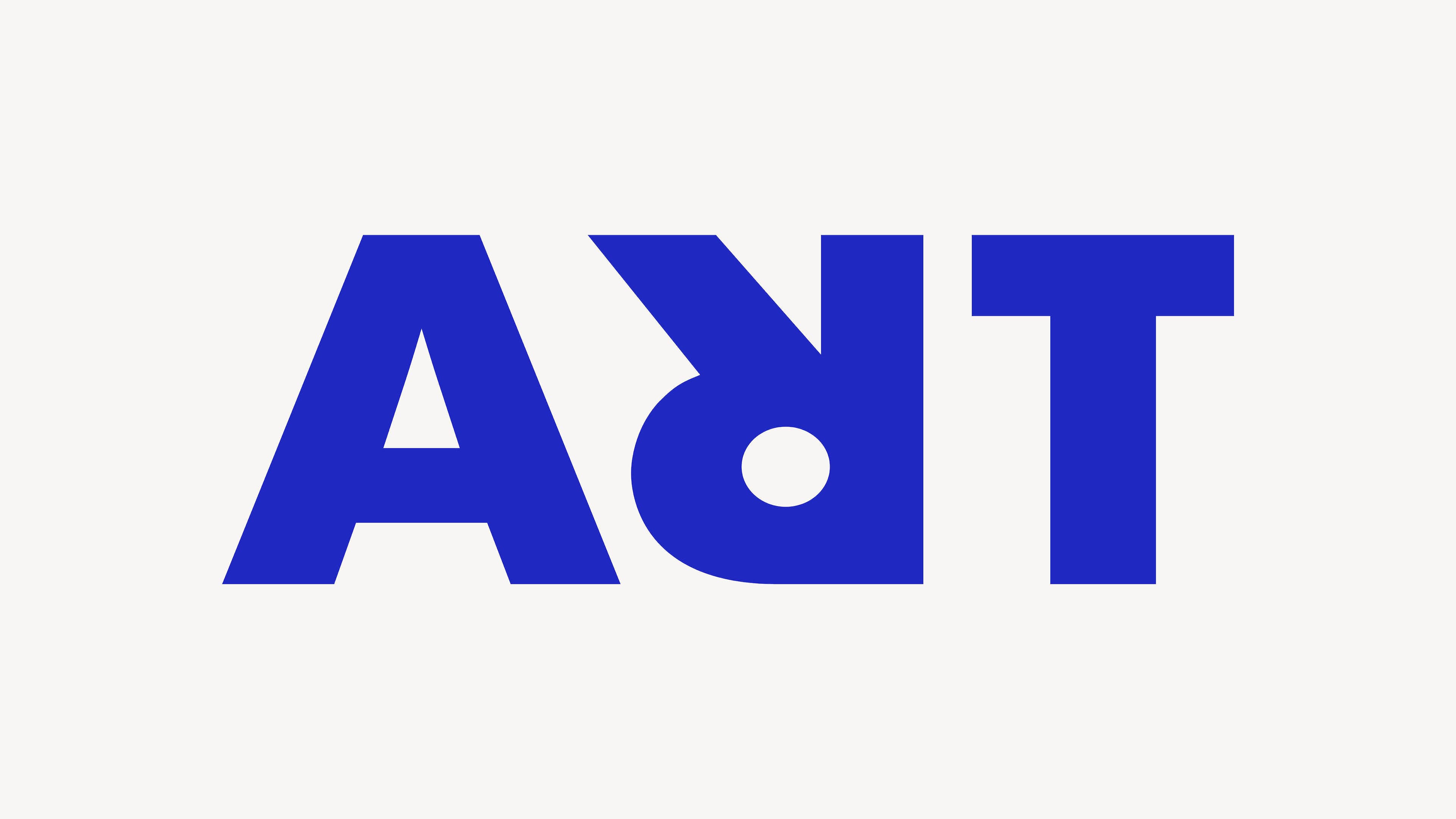 Logo design in bold blue on a cream background, spelling "ART" where the letter "R" is mirrored and combined with a "T" to create a typographic wordmark.