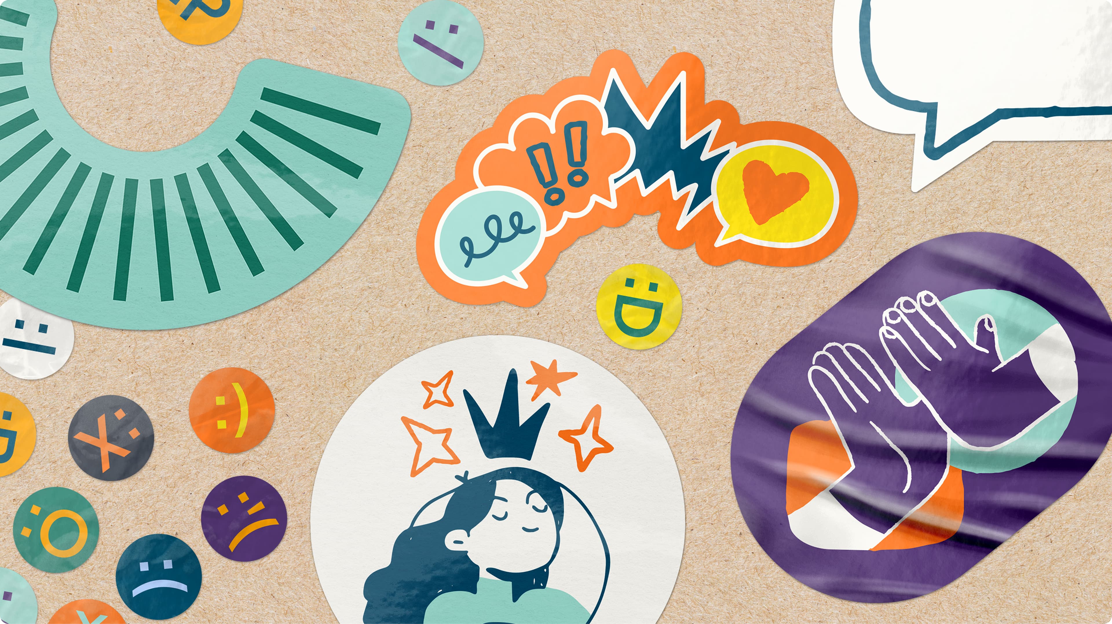A collage of illustrated stickers on a kraft paper background, including various emoticon circles, speech bubbles with exclamation marks and a heart, a dreaming figure wearing a crown surrounded by stars, and clapping hands on a purple badge.