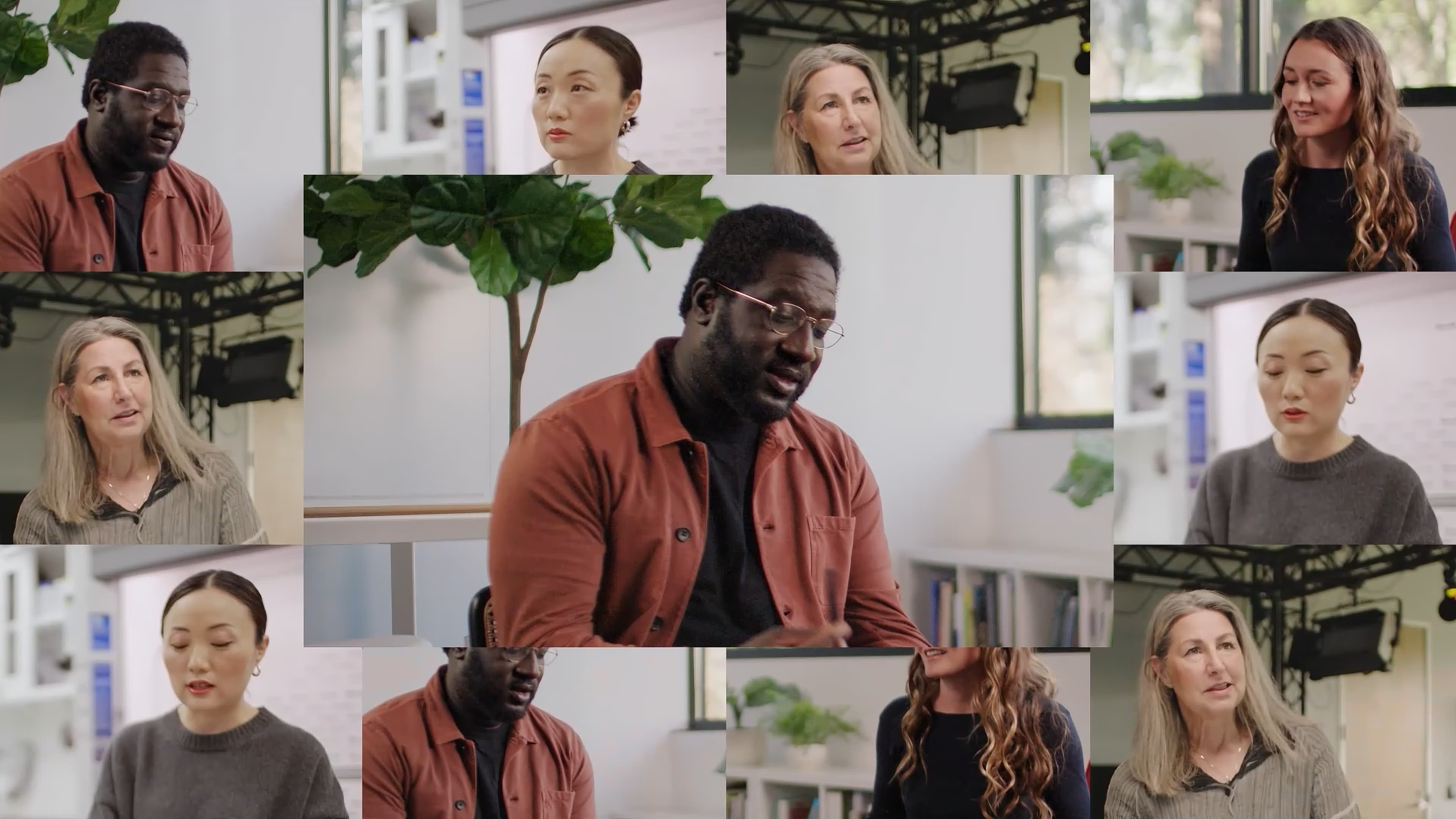 Collage of diverse professionals — including a man in a red shirt, two women with light hair, a young woman with wavy hair, and an East Asian woman — speaking and listening in a modern, plant-filled workspace.