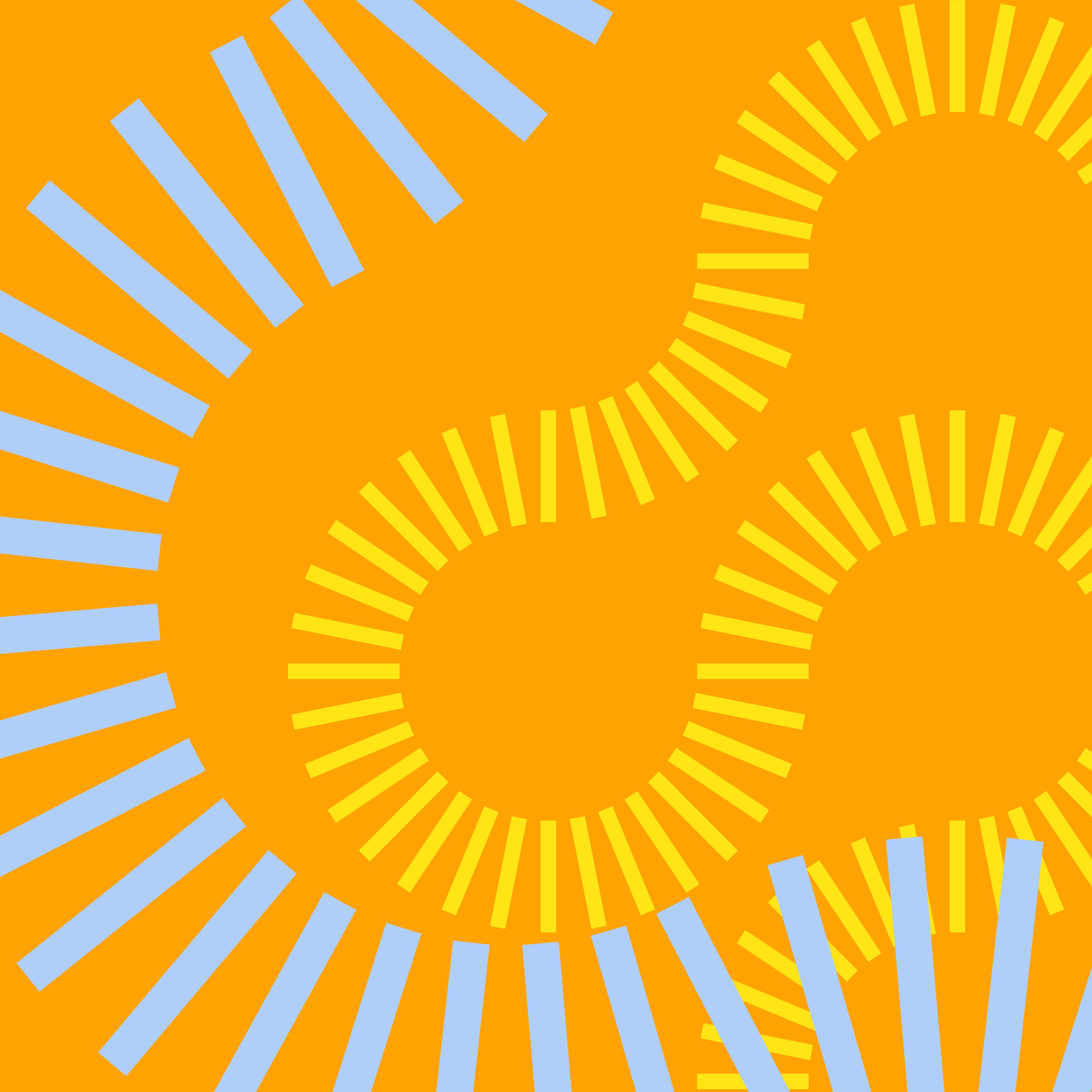 Abstract pattern of overlapping sunburst shapes with radiating stripes in yellow and light blue on an orange background.