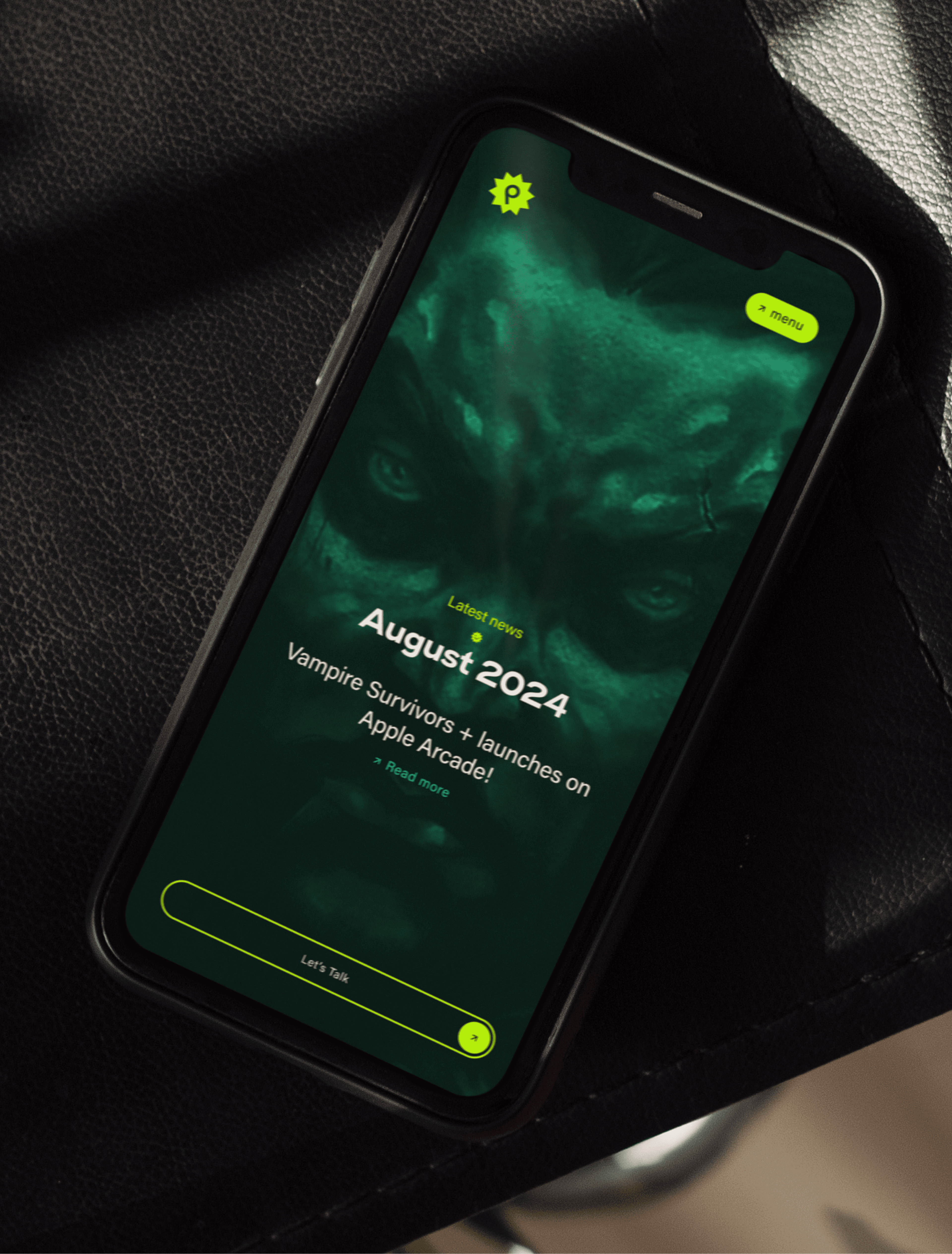 Smartphone displaying the Poncle website on mobile, showing a dark green screen with a monstrous creature background and the headline "August 2024: Vampire Survivors + launches on Apple Arcade!"