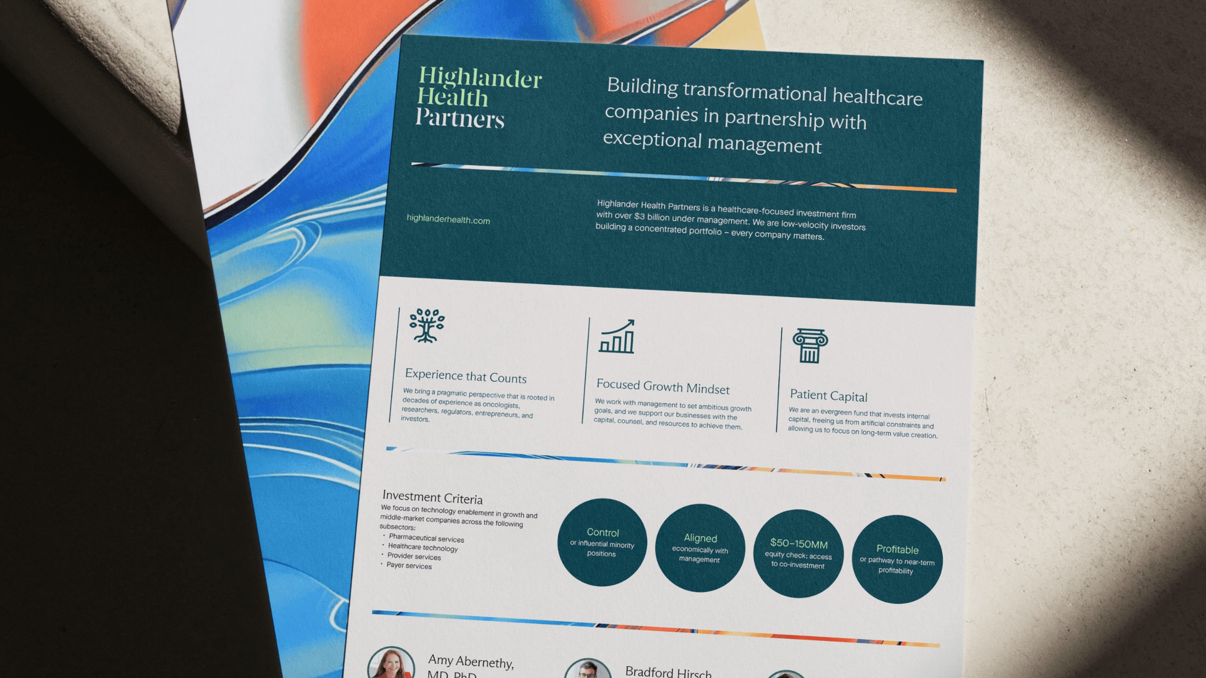 Highlander Health Partners brochure highlighting transformational healthcare companies, investment criteria, and team portraits in a modern design.