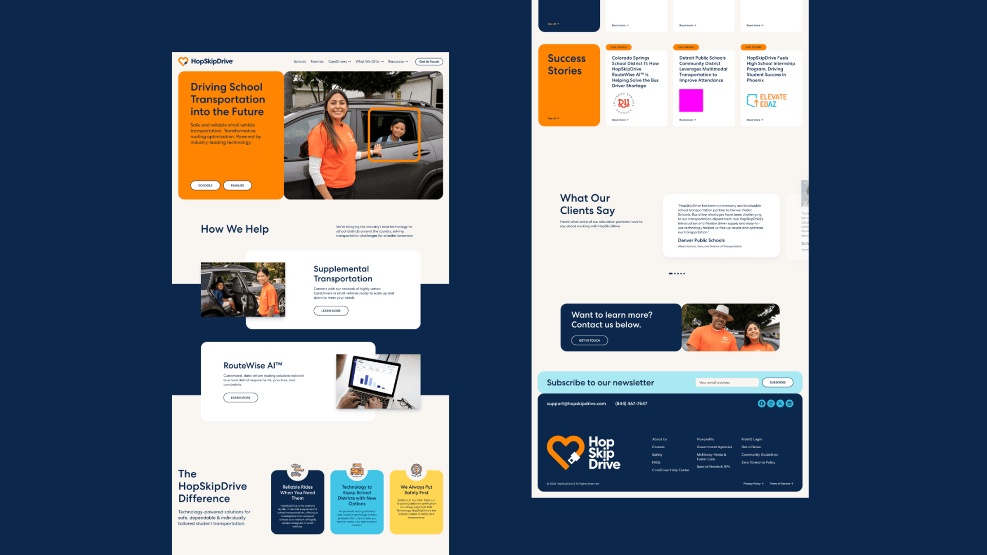 HopSkipDrive website homepage showing hero section with "Driving School Transportation into the Future," sections for Supplemental Transportation and RouteWise AI™, success stories, client testimonials from Denver Public Schools, and footer with contact and newsletter signup.